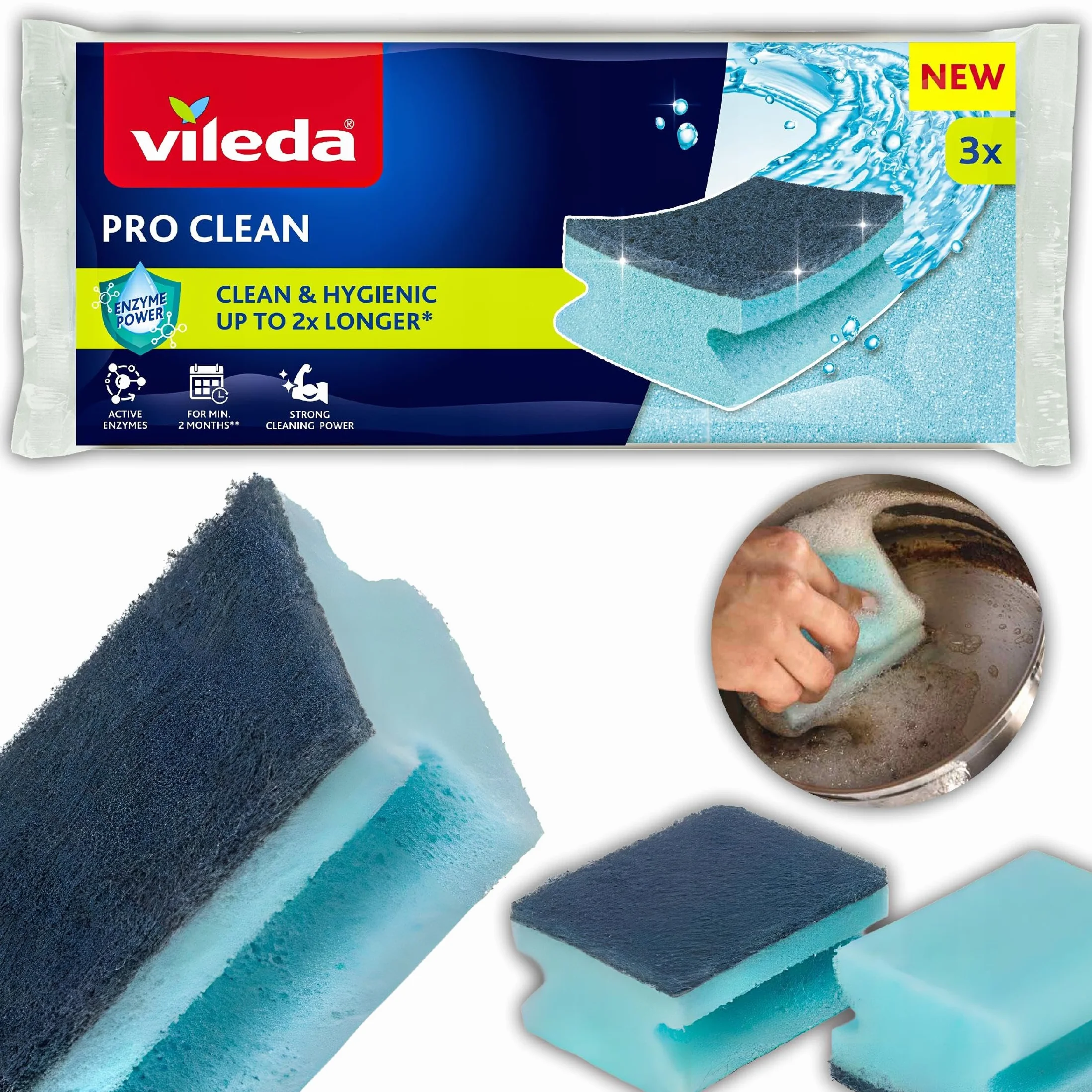 Vileda Pro Clean Zmywak z enzymami gąbka 3 szt.