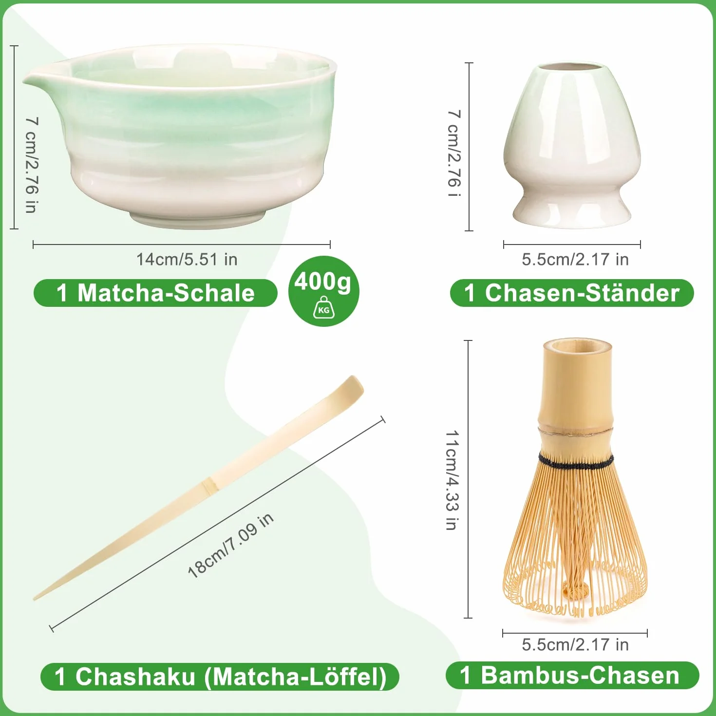 AZ GOGO 4-częściowy zestaw do matchy AZ GOGO z miską do matchy z dzióbkiem, chase (miotła bambusowa), uchwytem na chase i łyżeczką do matchy | tradycyjne akcesoria do herbaty Matcha