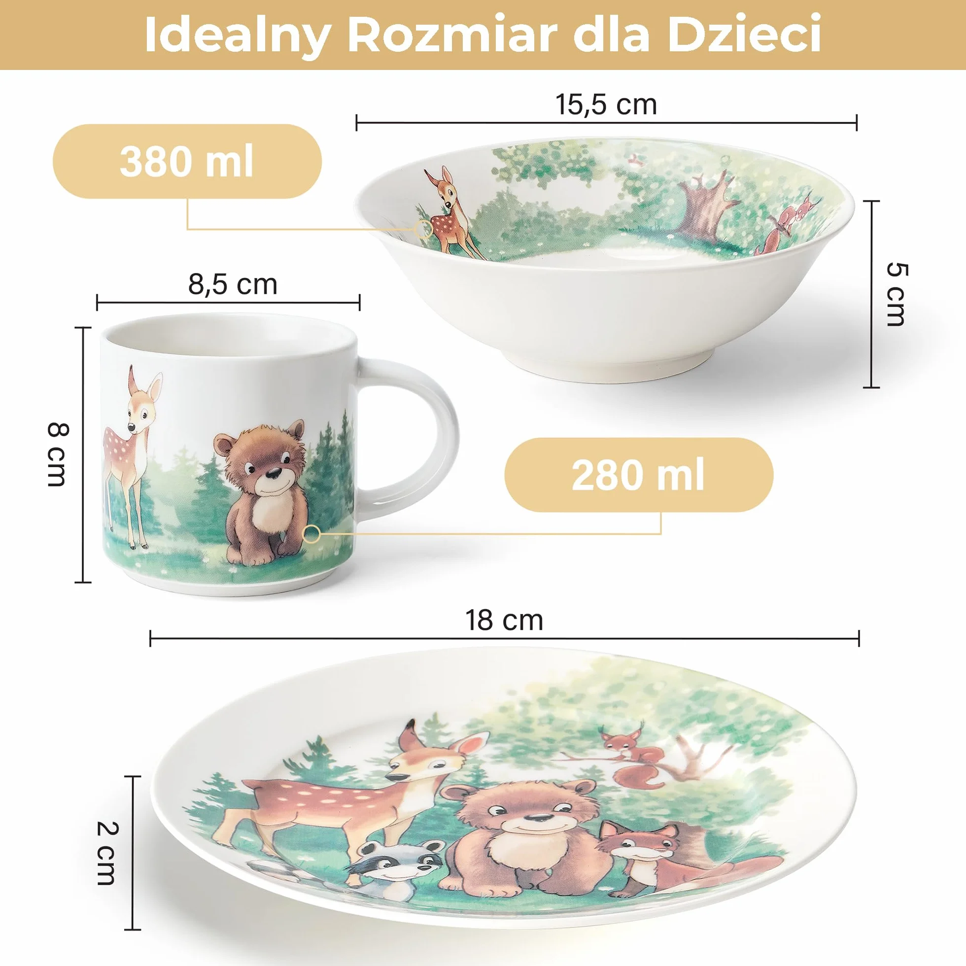 MIAMIO - Porzellan Zestaw Naczyń dla Dzieci - Talerz, Miska i Kubek (Las)