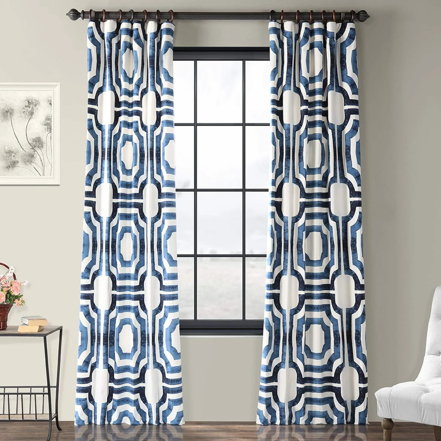 HPD Half Price Drapes Bawełniane zasłony z nadrukiem do salonu 137 x 213 cm (1 panel) PRTW-D23B-84 niebieski mekka