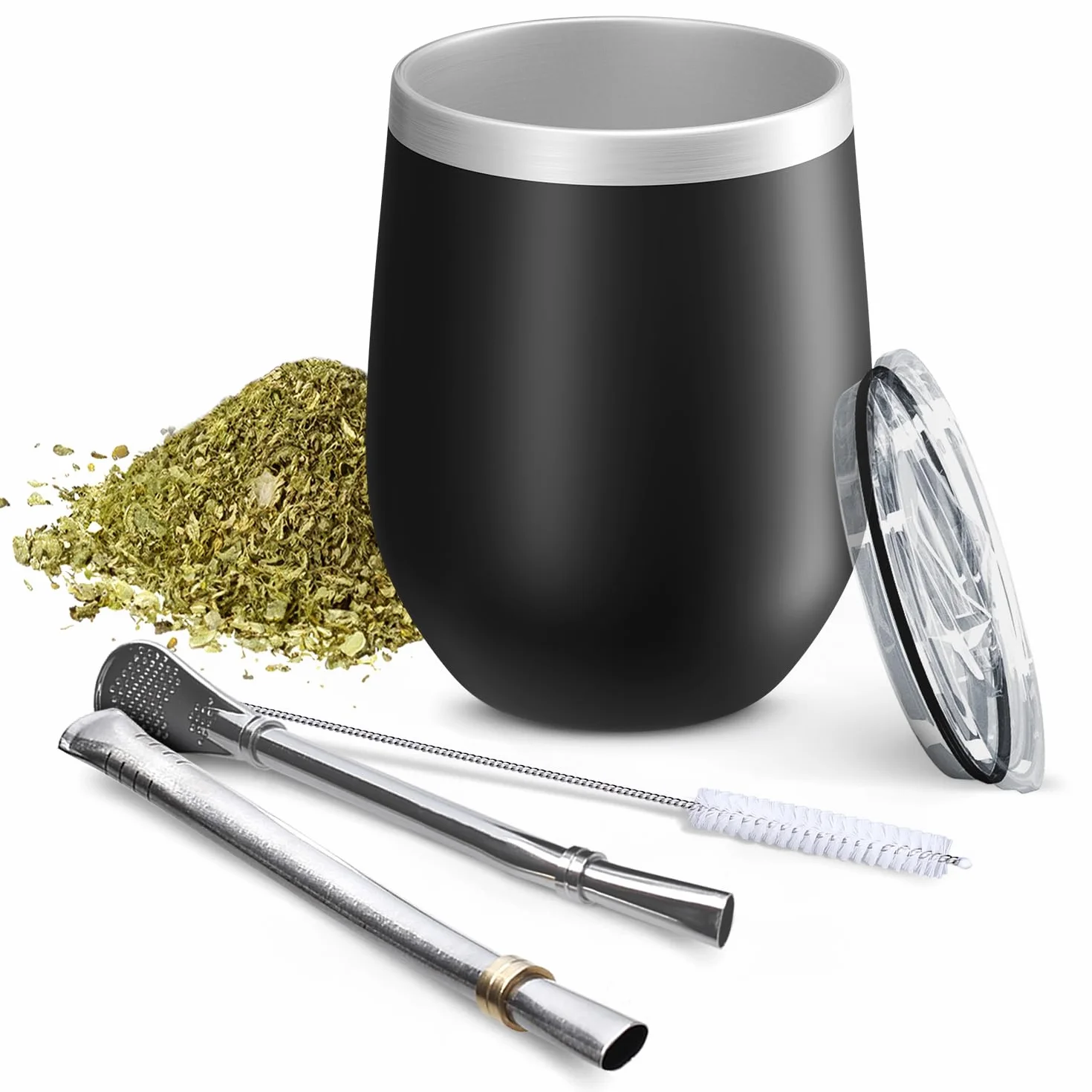 Aquafloow Kubek do Yerba Mate 350 ml + 2 Stalowe Słomki, Kubek z Podwójnymi Ściankami do Yerba Mate | Pokrywka Wolna od BPA, Zestaw do Herbaty ze Stali Nierdzewnej do Mate, Yerba – Czarny