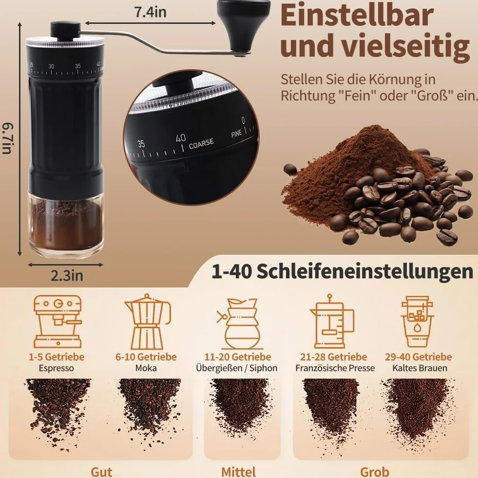 ręczny młynek do kawy, ręczna młynek do kawy w kolorze czarnym, ręczny młynek do kawy z ceramicznym mechanizmem mielącym, 40-stopniowa regulacja, do Aeropress, Espresso, Pour Over, French