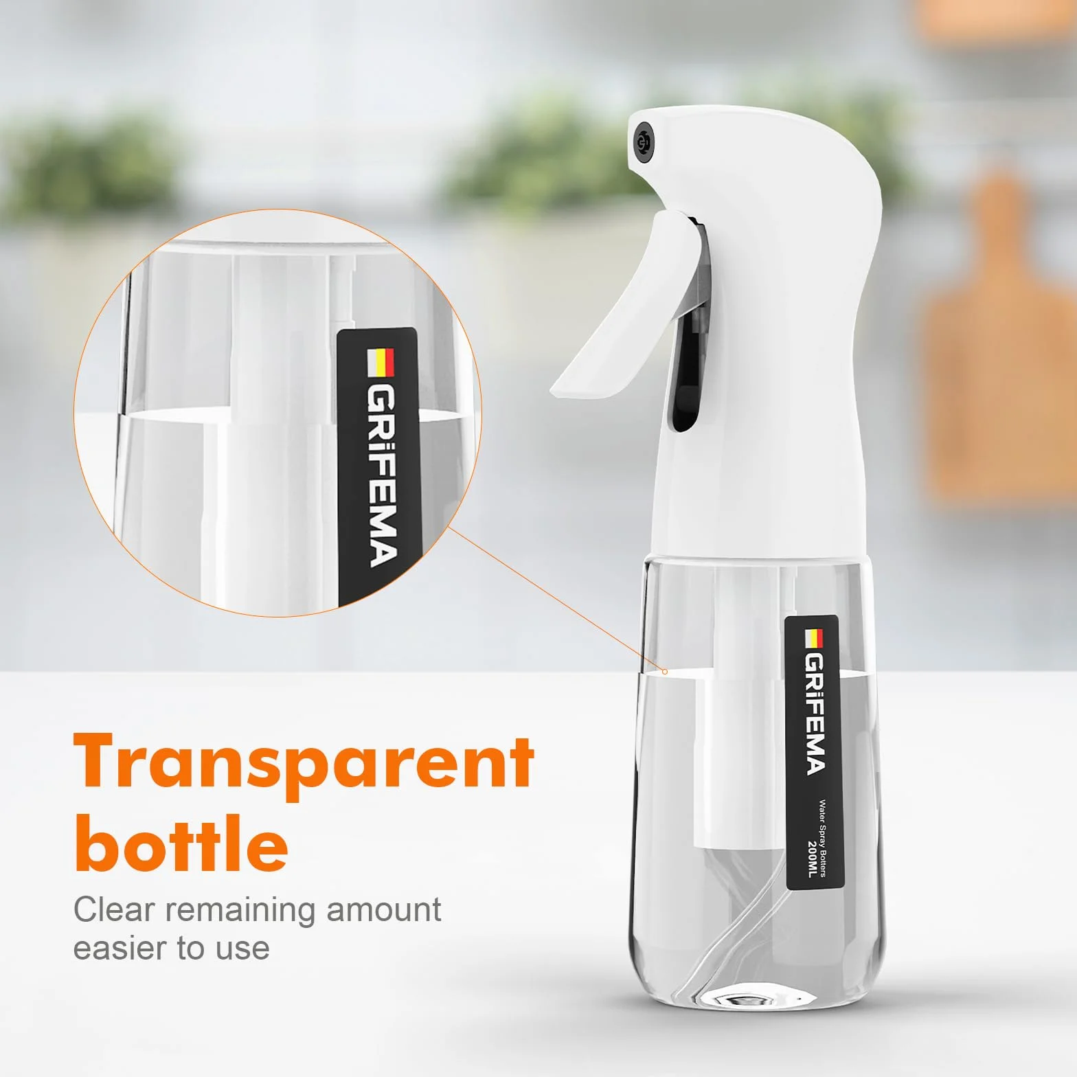 GRIFEMA Biały Rozpylacz Wody 200 ml – Butelka Spray z Tworzywa bez BPA, Wielokrotnego Użytku, Mgła 3 s, do Włosów, Roślin i Czyszczenia, GE2003W-200