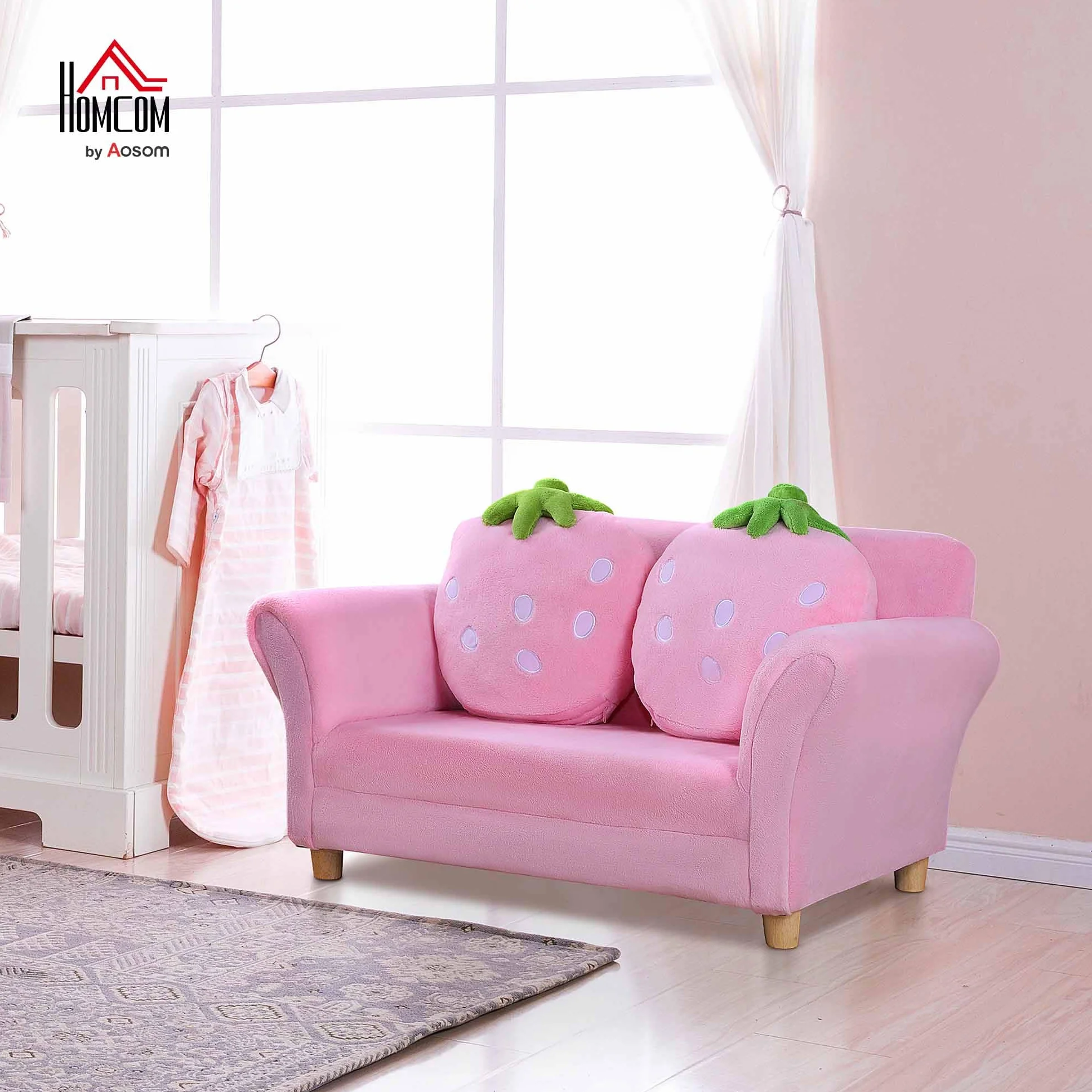 HOMCOM Sofa dziecięca, fotel dziecięcy, sofa, kanapa, krzesło do pokoju dziecięcego, miękka sofa, podwójna sofa pojedyncza (sofa truskawkowa)
