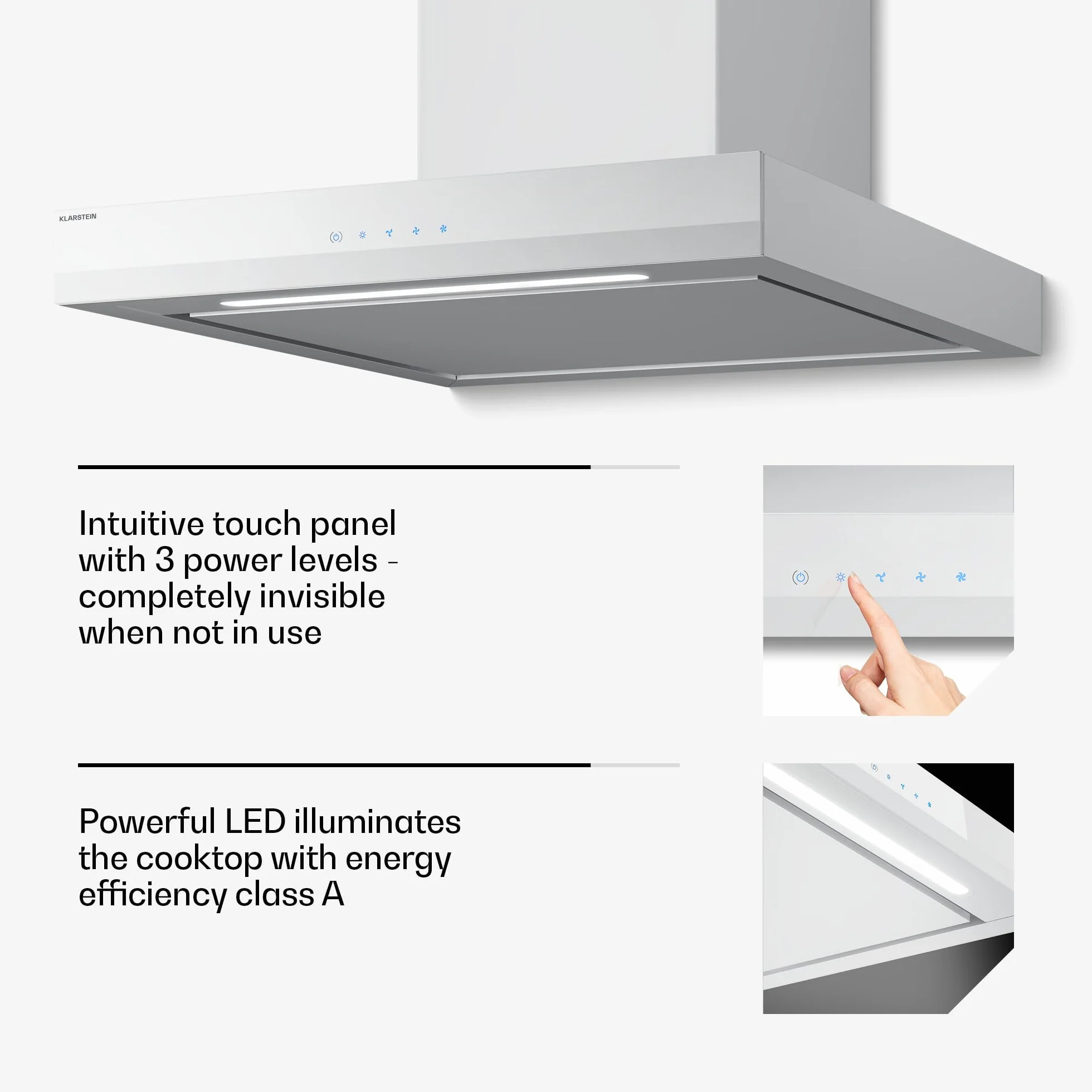 Okap ścienny Klarstein Velaire 60 cm - 600 m³/h, efektywność energetyczna A++, sterowanie dotykowe, dioda LED, cichy, filtr aluminiowy i węglowy, biały