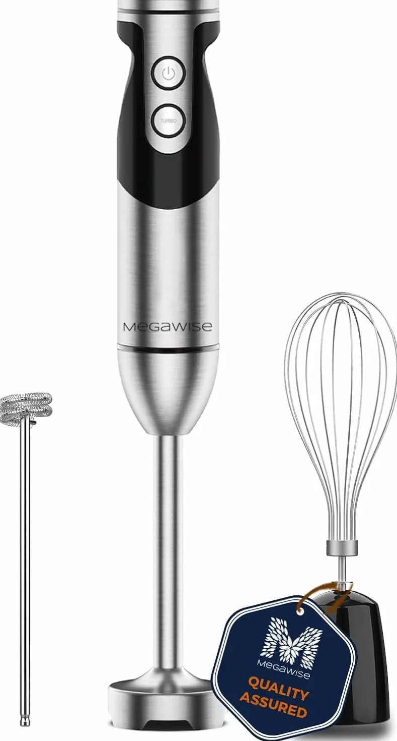 Megawise High-Power Hand Blender – maksymalna moc 400W z wszechstronnymi załącznikami 3-w-1 (wał mieszający, whisk, chopper); Ergonomiczny design z regulowaną kontrolą prędkości (czarny)