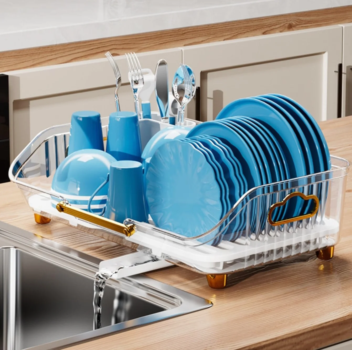 Ociekacz do Naczyń Suszarka do Naczyń Zlewozmywak Kuchenny Talerz Ociekacz Do Naczyń Suszarka Uchwyt Kosz Organizer Taca Stojak do Ociekania Naczyń (Color : Transparent, Size : 42.5 * 26.5 * 13cm)