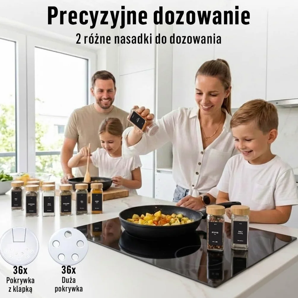 Deco haus® Słoiczki na Przyprawy z Nakrętką - Zestaw 36 sztuk - Różne Nasadki do Wytrząsarek, Lejek, Pędzelek, Etykiety i Kreda - Idealne do Naszych 4 Stojaków na Przyprawy - 120 ml, 10,8 x 4,5 cm