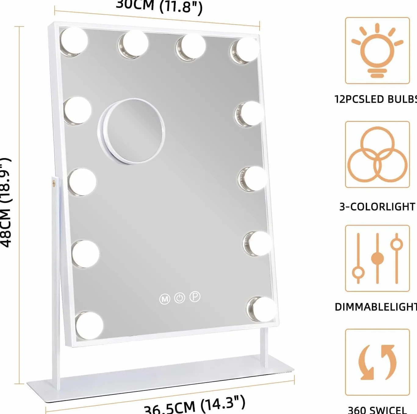 FENCHILIN Hollywood Lustro do makijażu z oświetleniem, 12 ściemnianych lamp LED, obracane o 360°, lusterko kosmetyczne z 3 kolorami światła, 10-krotne powiększenie, dotykowe sterowanie, białe, 30 x 41