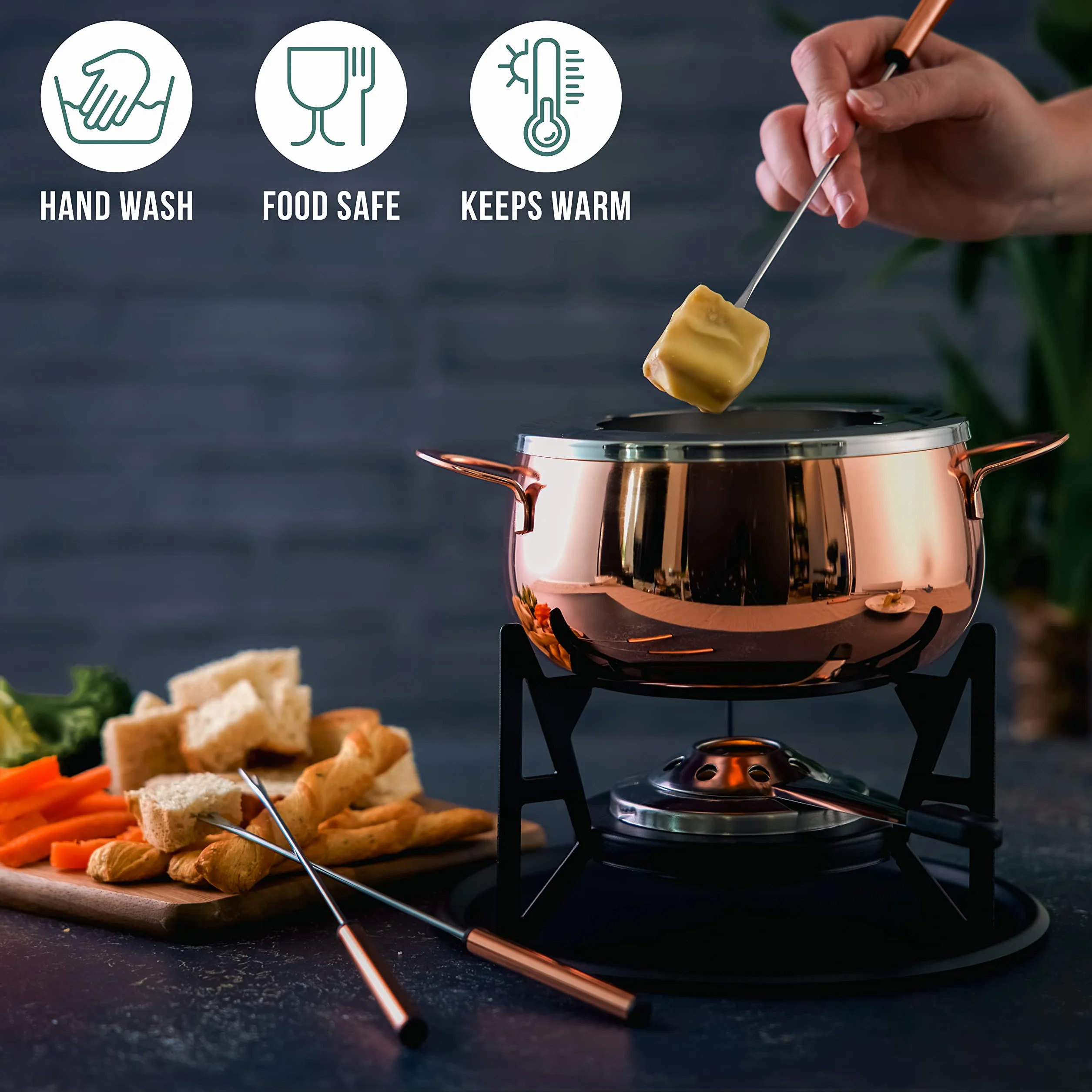 Dąb & Steel - 10 sztuk zestaw do fondue ze stali nierdzewnej, różowe złoto/miedź z pudełkiem prezentowym - czekoladki, Burgundia, ser, Savoyarda i mięso - prezent świąteczny