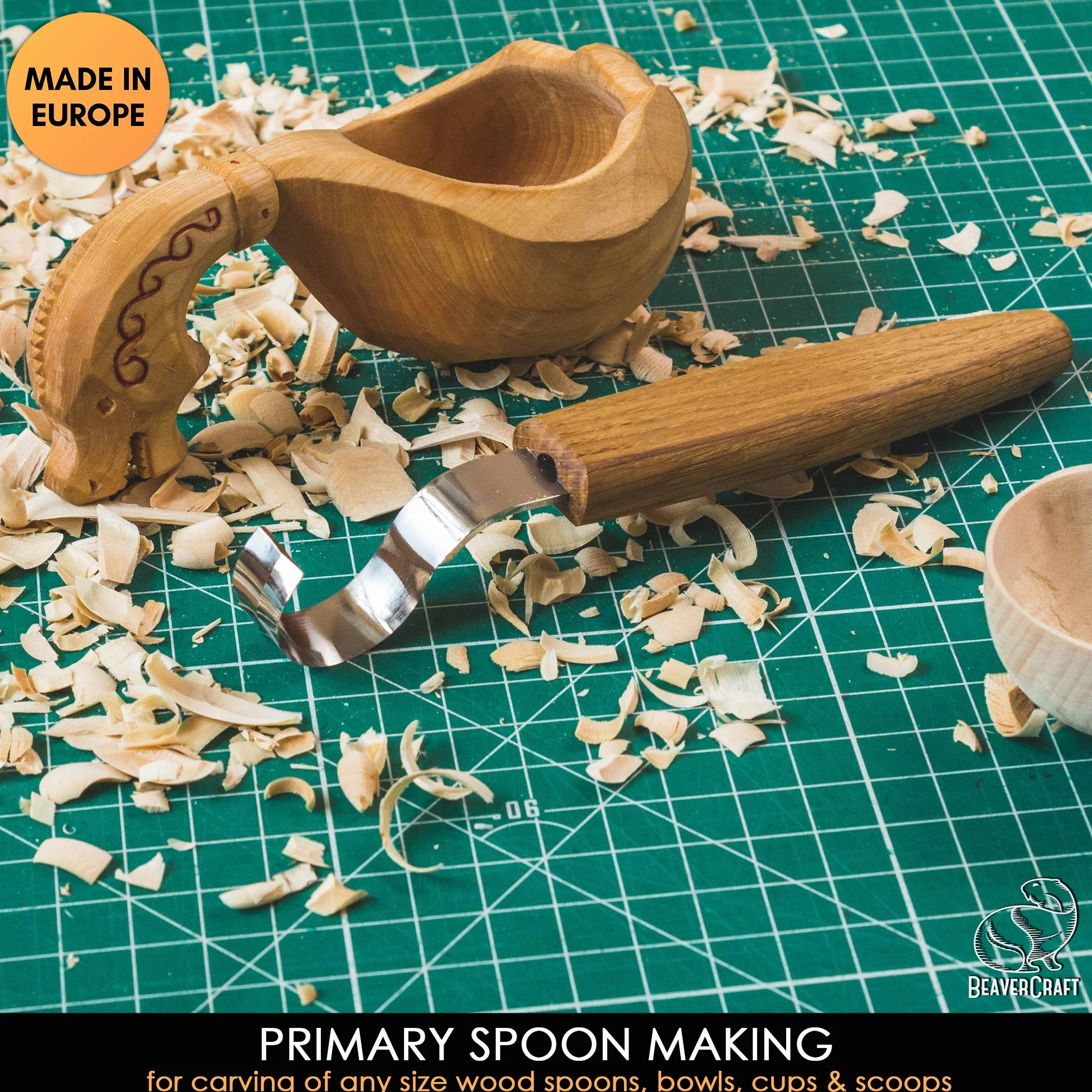BeaverCraft Nóż z haczykiem SK2 dąb 3 cm ostrze łyżka do rzeźbienia w drewnie nóż do kubka miski, łyżki, rzeźbienia praworęcznego, zakrzywione narzędzia dla początkujących