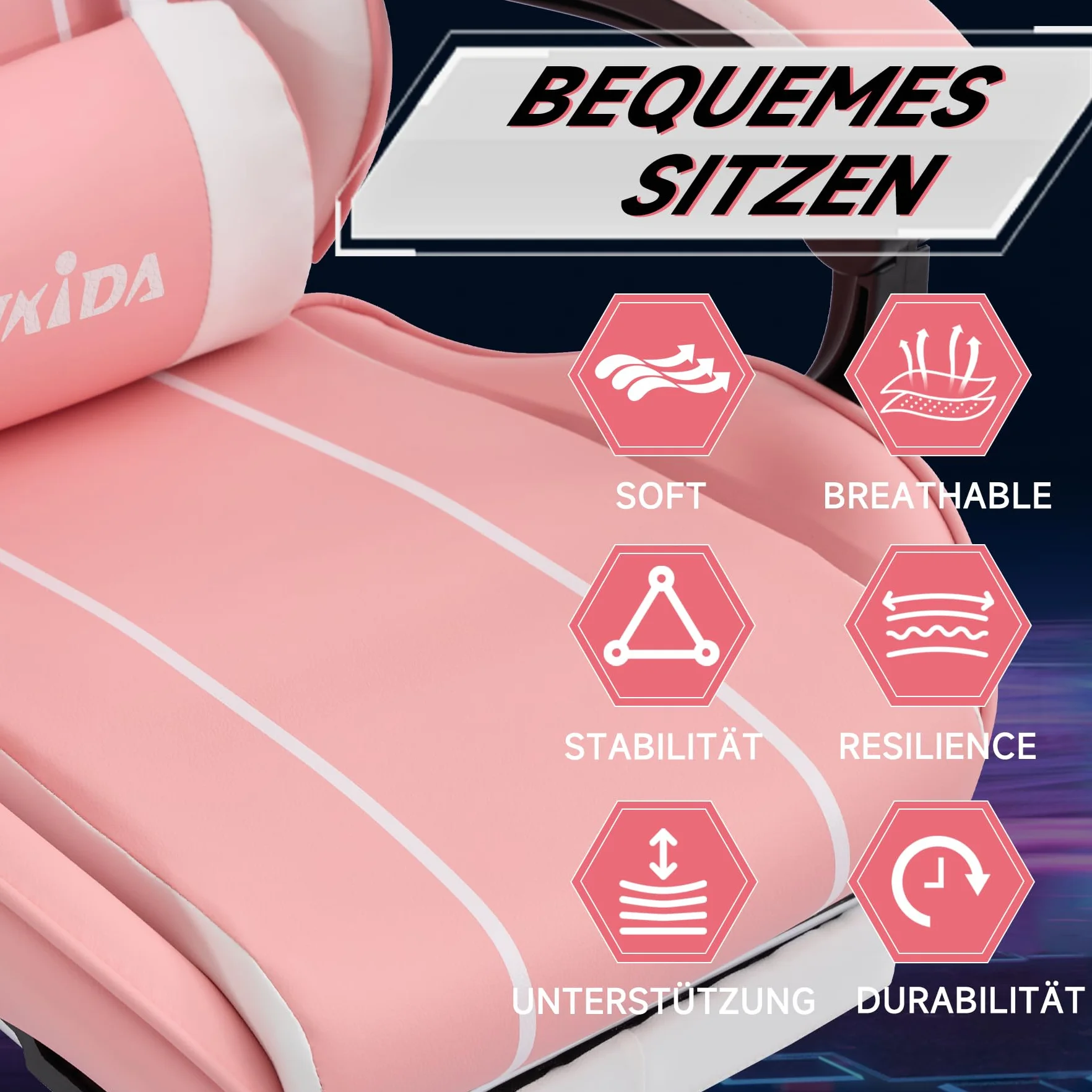 SUKIDA Ergonomiczny fotel do gier z podnóżkiem Różowo-biały