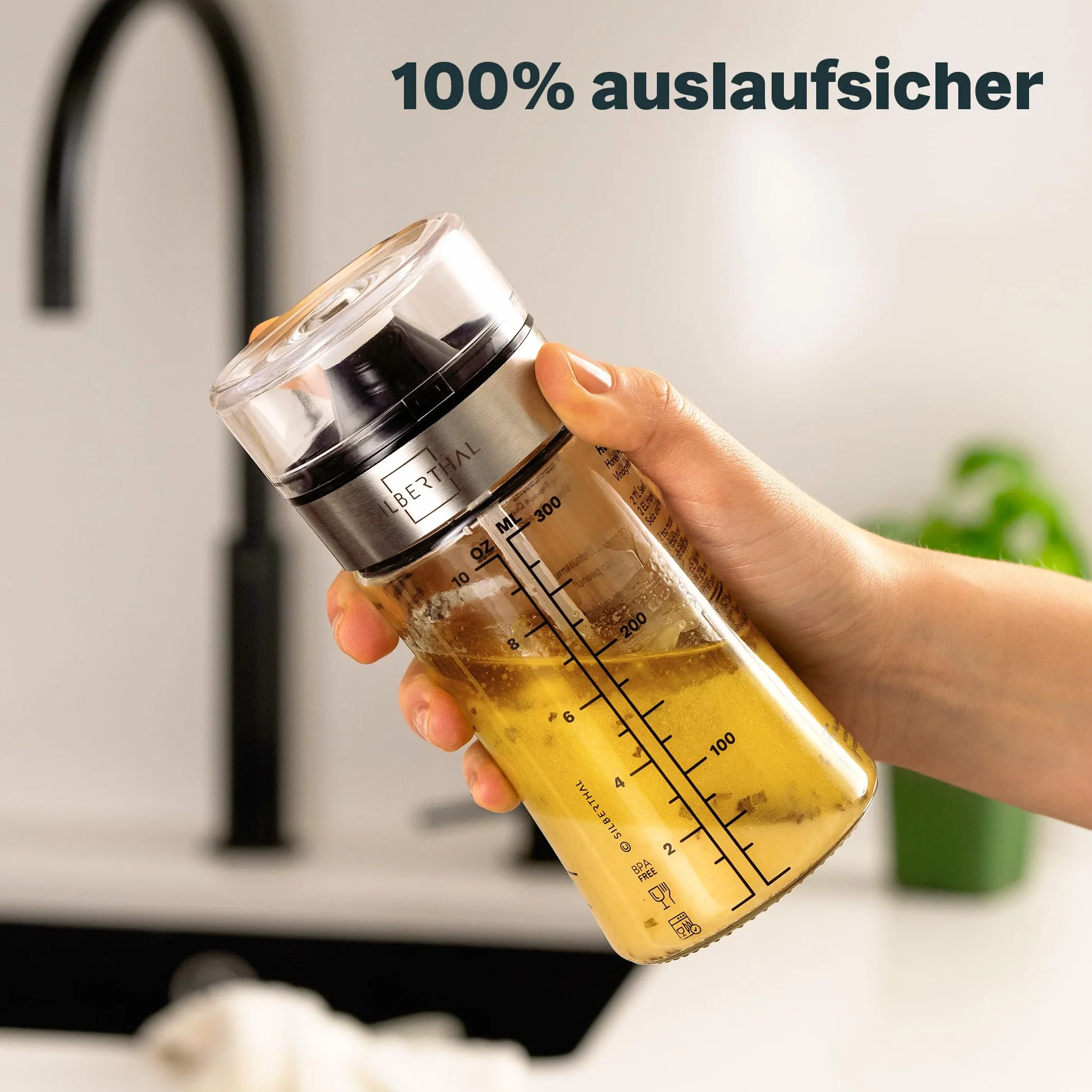 SILBERTHAL Mały shaker do dressingów ze szkła z przepisami kulinarnymi – 350 ml – nadaje się do mycia w zmywarce – nowa pokrywka i nowe przepisy