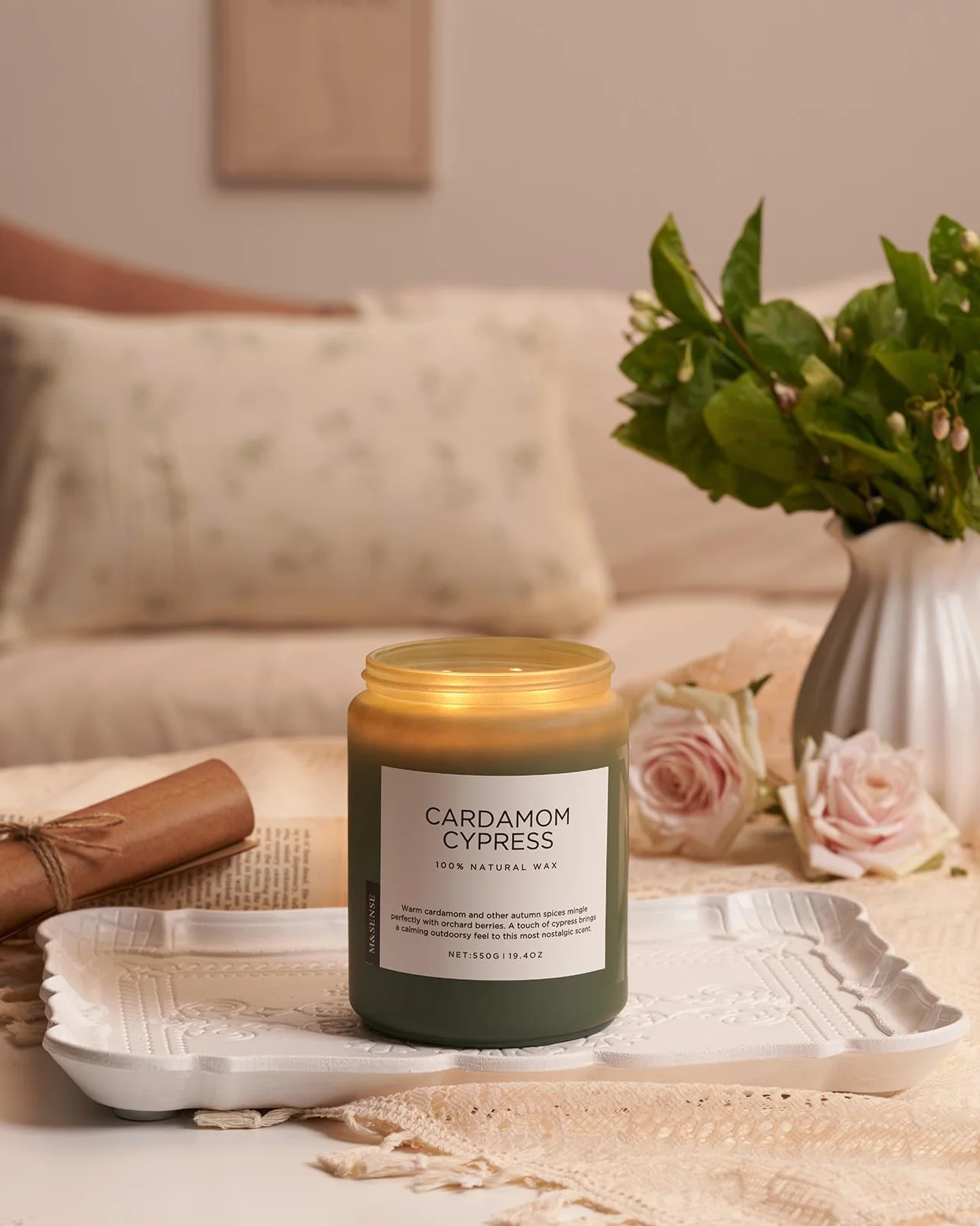 M&SENSE Kardamon & Cyprys Świeca zapachowa w szkle 2-knotowa 550g Świeca z wosku sojowego 110 godz. czasu palenia czysta nietoksyczna świeca jesienna do wystroju wnętrz CardamomCypress