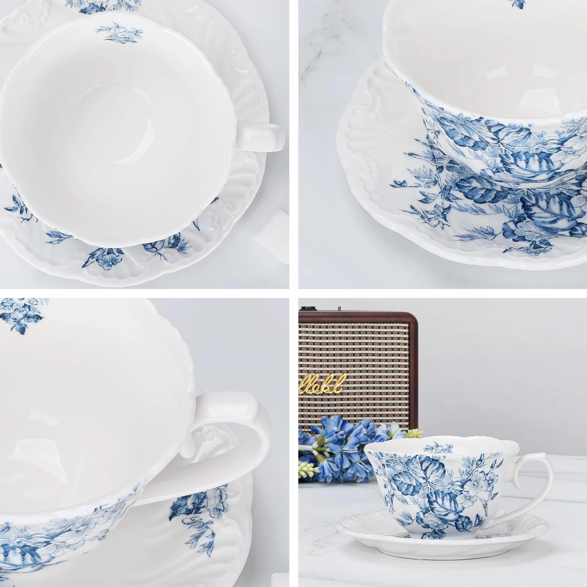 fanquare Vintage zestawy filiżanek i spodków, porcelanowe kubki do herbaty z niebieskimi kwiatami, eleganckie filiżanki do kawy i talerze do przekąsek, prezenty świąteczne 250 ml
