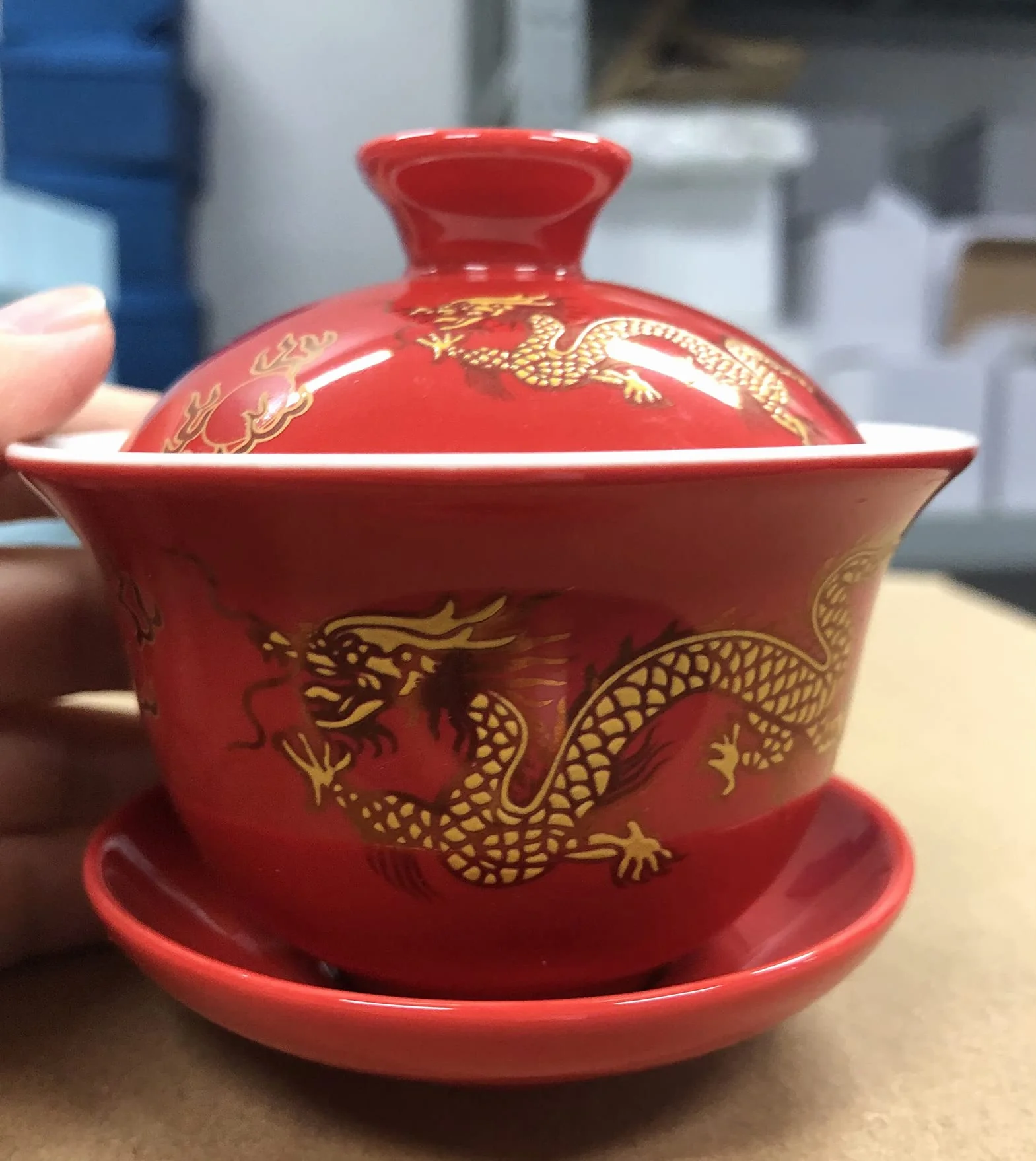 YBK Tech Porcelanowy kubek do herbaty i spodek z pokrywką w stylu Gong Fu Cha tradycyjny chiński wzór smoka