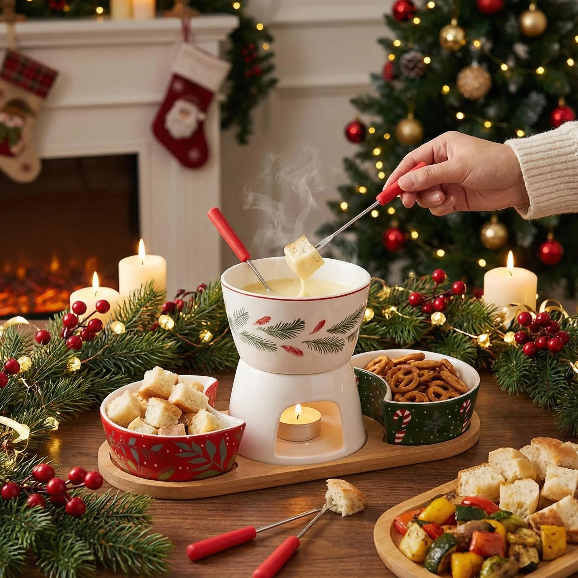 MIJOMA 6-częściowy zestaw do fondue bożonarodzeniowego – porcelanowe fondue z 2 widelcami, 2 miseczkami i drewnianą tacą – zimowy zestaw dekoracyjny i serwujący na świąteczne chwile rozkoszowania się