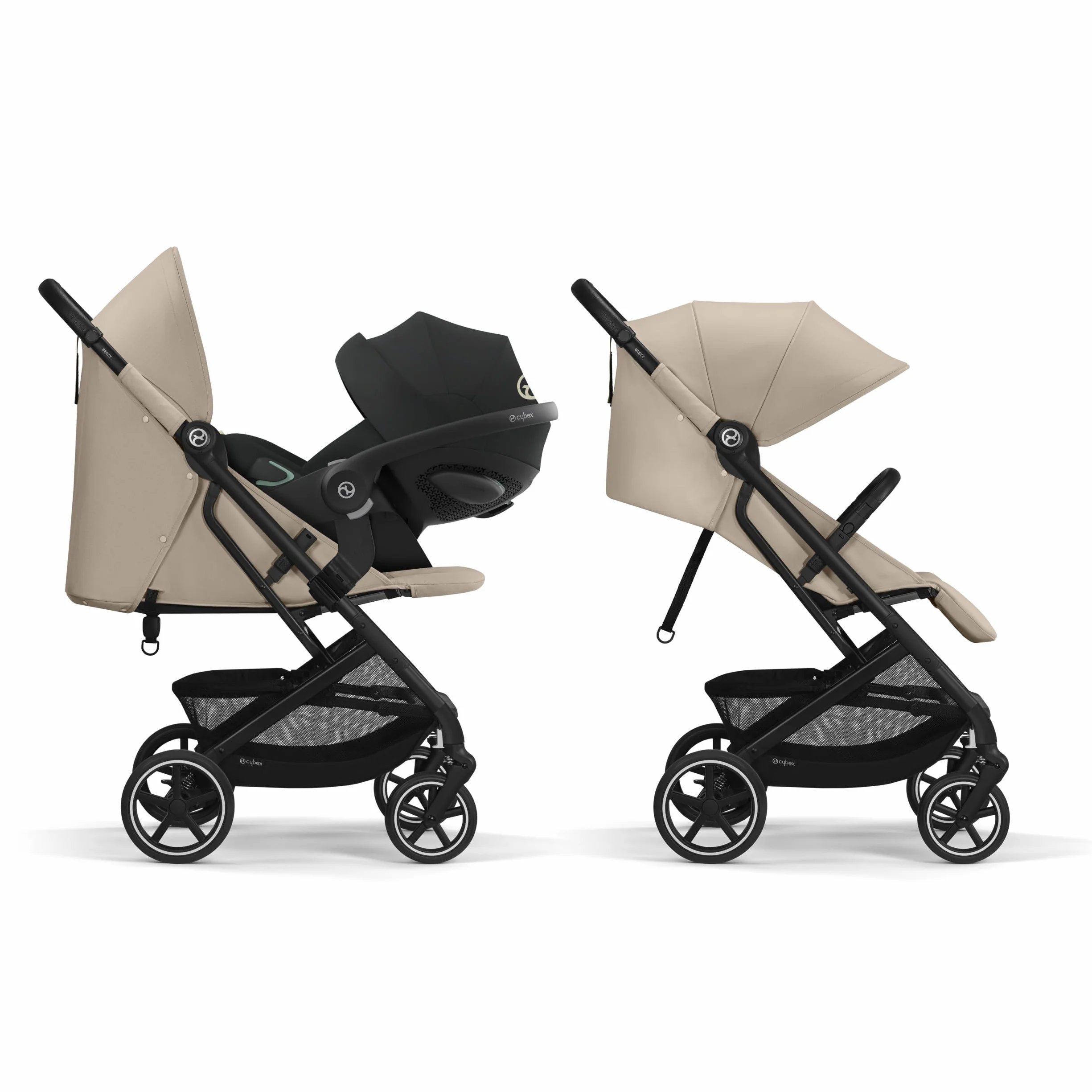 Cybex Gold Wózek dziecięcy Beezy z uprzężą One-Pull Harness, Od urodzenia do ok. 4 lat (maks. 22 kg), Kompaktowy i ergonomiczny, Almond Beige (Beżowy z czarną ramą)