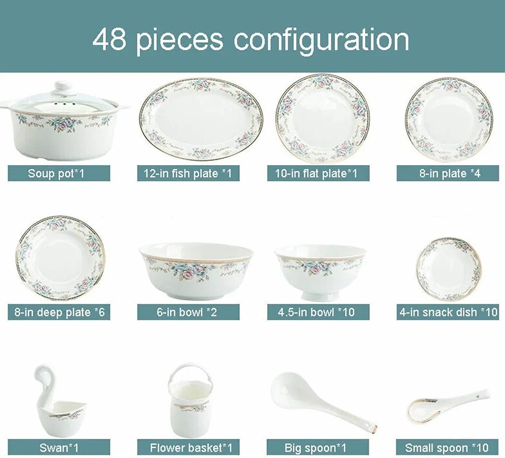 48-częściowy ceramiczny zestaw zastawy stołowej z kwiatowym wzorem, zawiera miski, naczynia, garnek do zupy i łyżki do restauracji i domowej jadalni