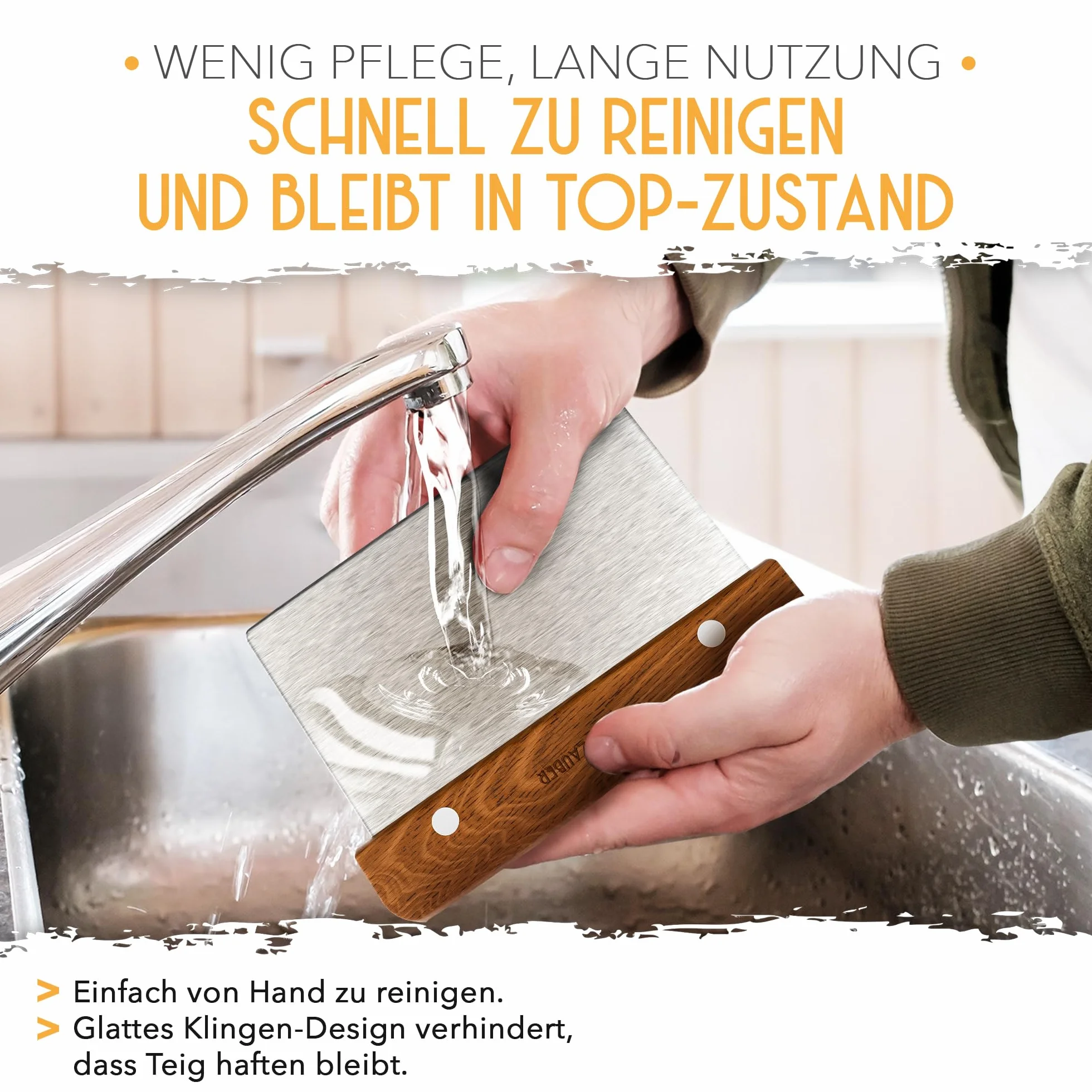 KRUSTENZAUBER Nóż do ciasta ze stali nierdzewnej 18 cm z drewnianą rączką, szpatułka do pieczenia chleba, trwała skrobak do ciasta do dzielenia się i kształtowania ciasta dla czystej pracy