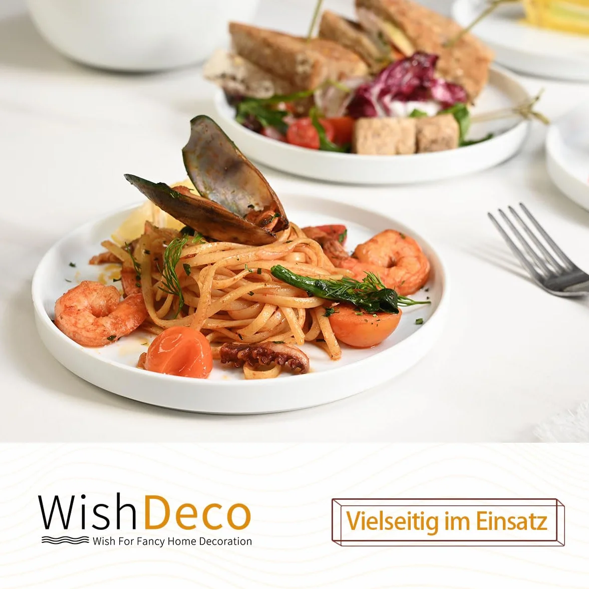 WishDeco Zestaw 6 talerzy deserowych, biała porcelanowa talerz 18 cm, mały okrągły talerz z krawędzią, naczynia ceramiczne na ciasto, chleb, sałatkę, makaron, owoce