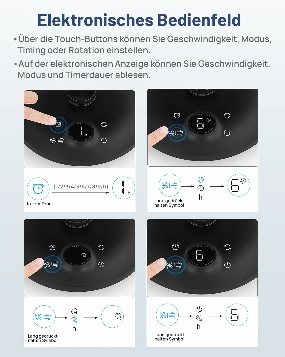 WOWDSGN Wentylator biurkowy, cichy, 24 dB, z wyświetlaczem, wydajny turbo cyrkulator 3D, 9-godzinny timer, oscylacja 100° i 80°, 6 stopni prędkości, do sypialni, salonu, biura, kuchni