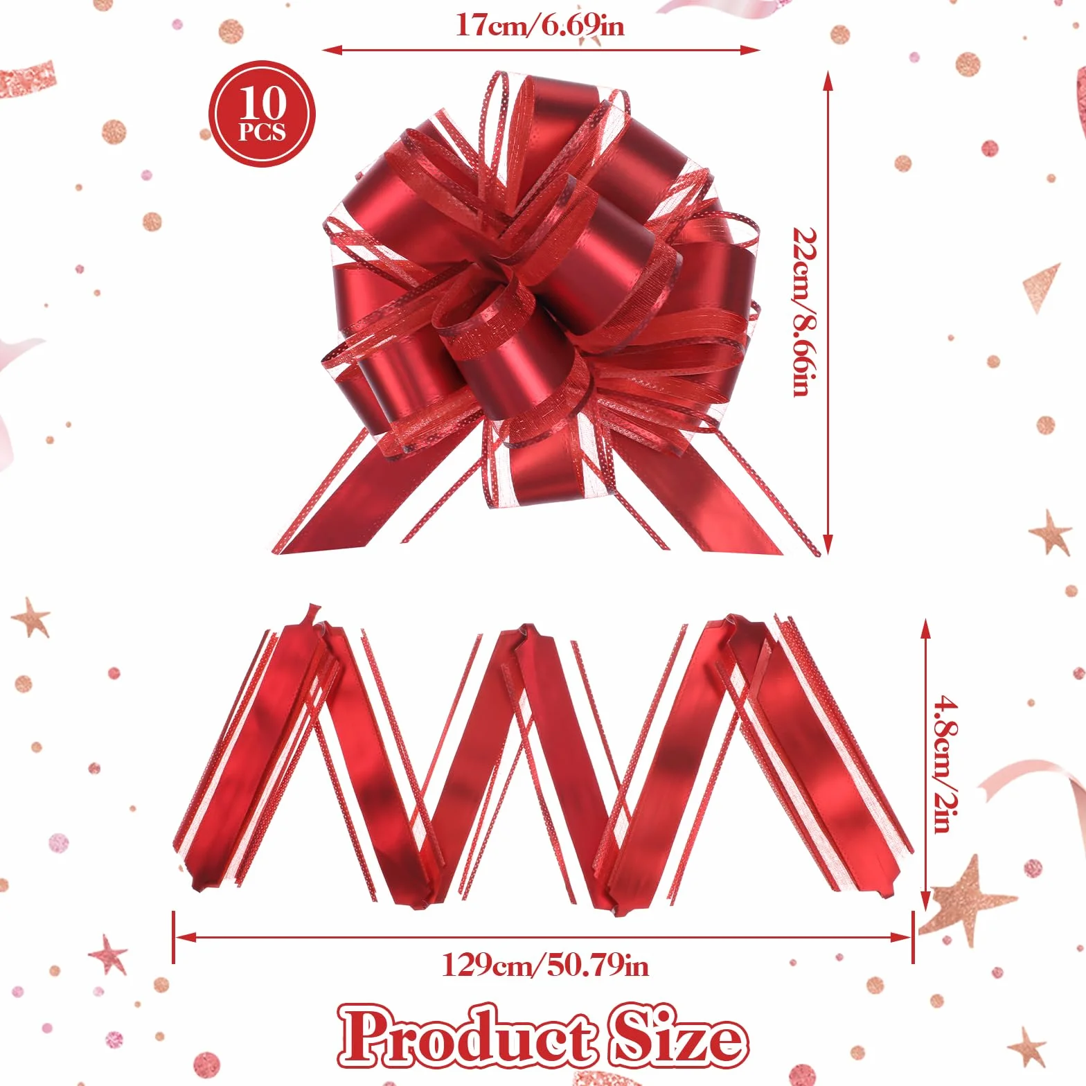 Zestaw 10 dużych kokardek na prezent, 18 cm, z wstążką prezentową, dekoracyjne kokardki, do pakowania, na ślub, do pakowania prezentów urodzinowych (czerwone)