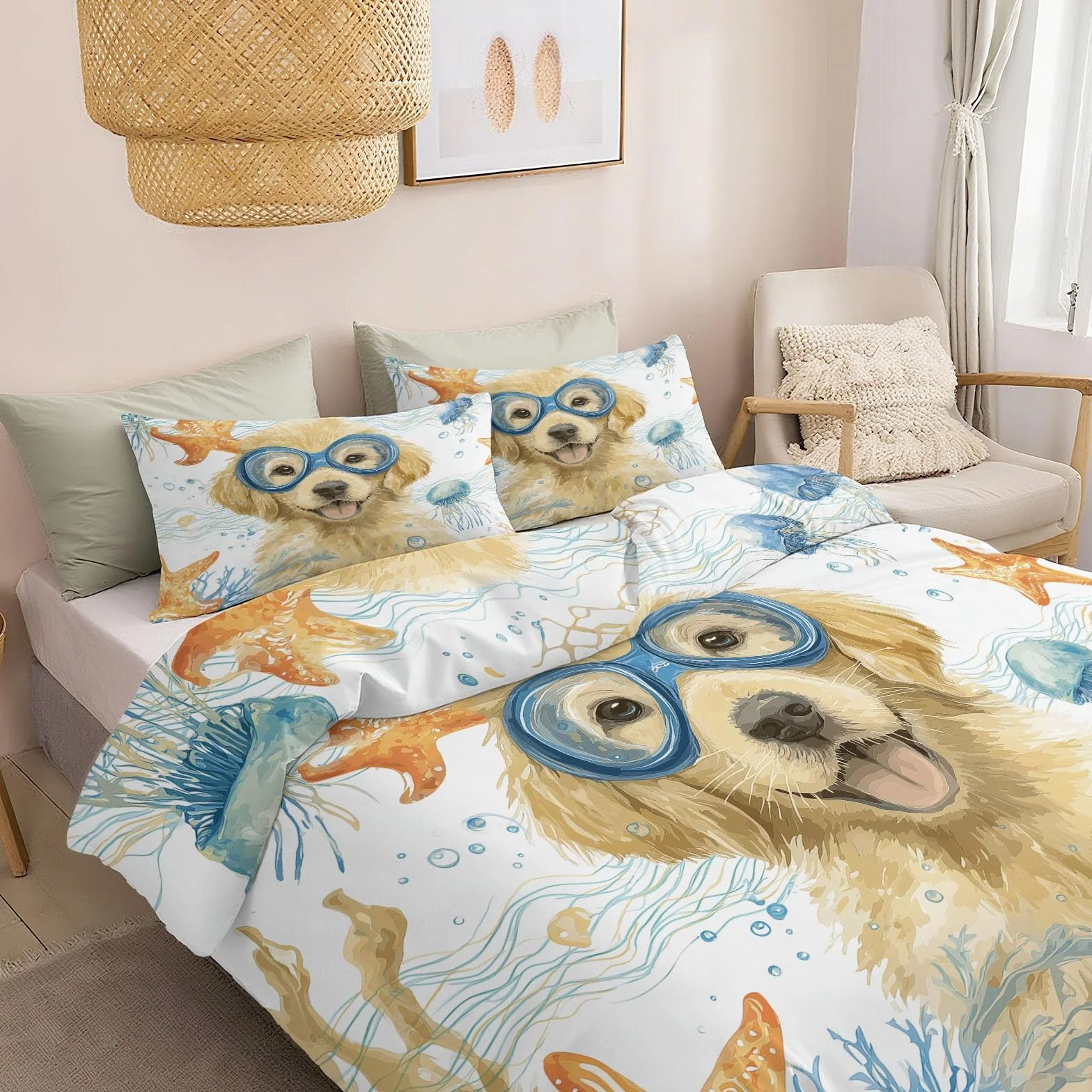 Poszewka na kołdrę abstrakcyjna ocean Golden Retriever, 260 x 220 cm, biała, 3-częściowa, z mikrofibry, wysokiej jakości, dla alergików, pościel dwustronna, z 2 poszewkami na poduszkę 80 x 80 cm