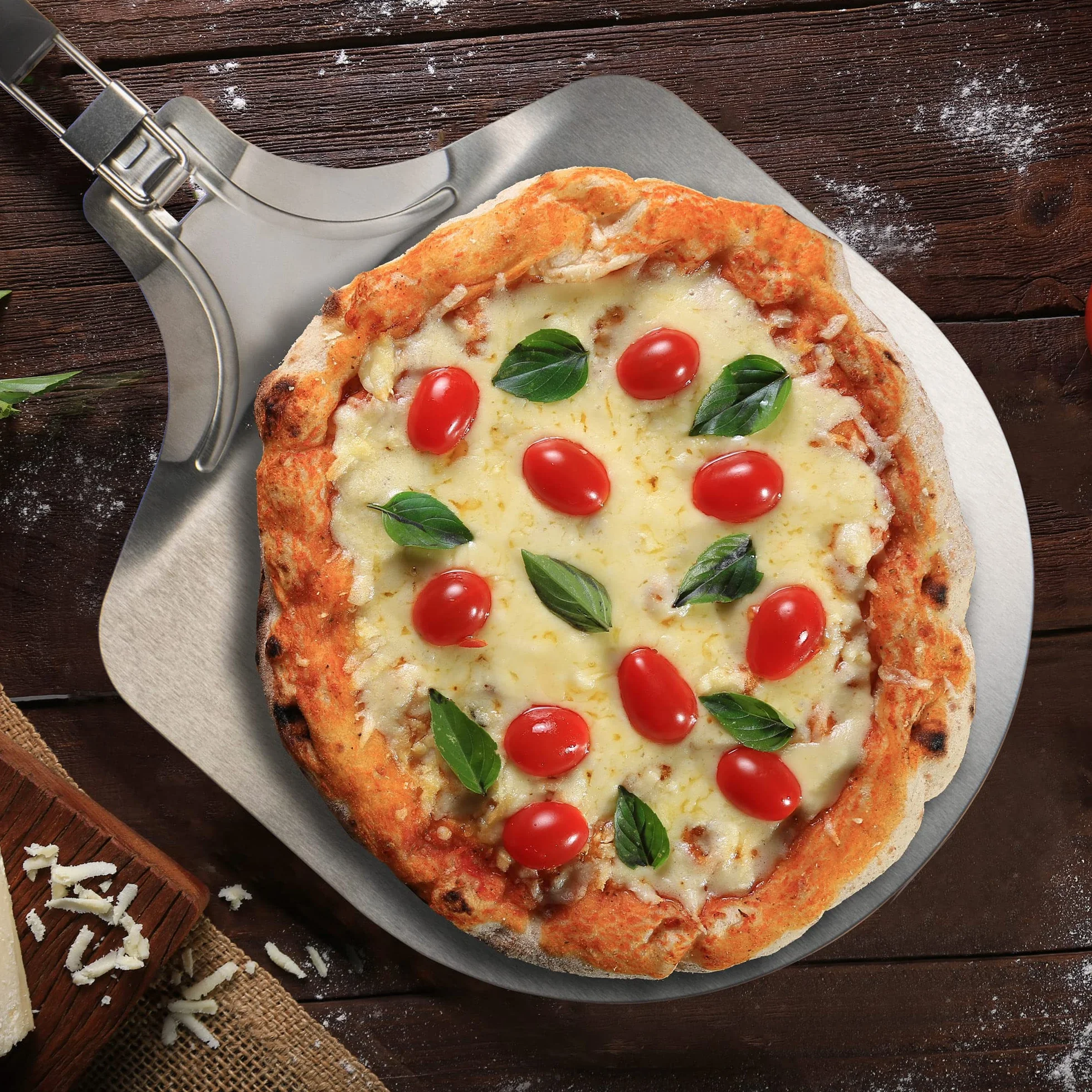 COM-FOUR® Lopata do pizzy ze stali nierdzewnej 430 - podnosnik do pizzy i ciasta ze skladanym uchwytem - lopatka do pizzy, tart, bulek, chleba (srebrny/czarny - kanciasty)