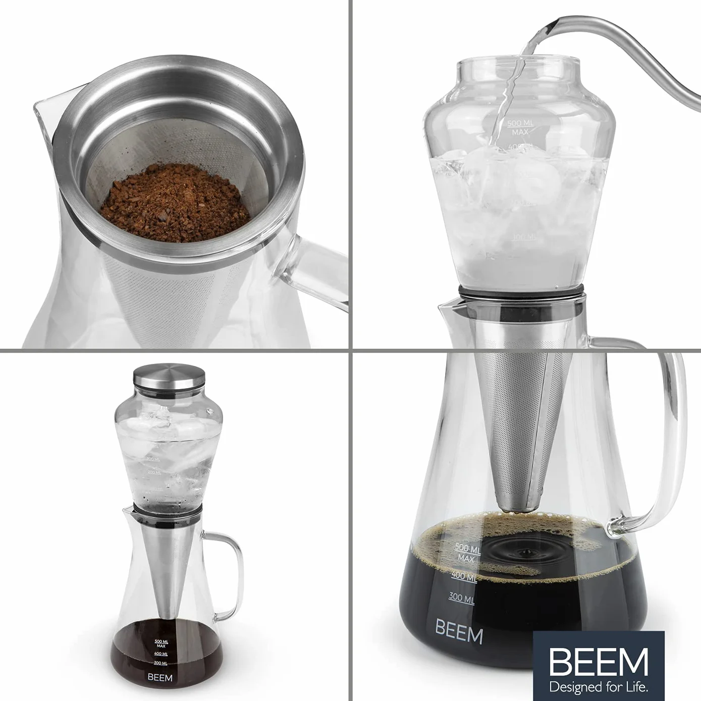 Beem Cold Drip zaparzacz do kawy na 0,5 l szkło borokrzemowe/stal szlachetna srebrno-przezroczysty, wymiary: 14 cm x 12,5,5,cm x 33,4 cm, 03075