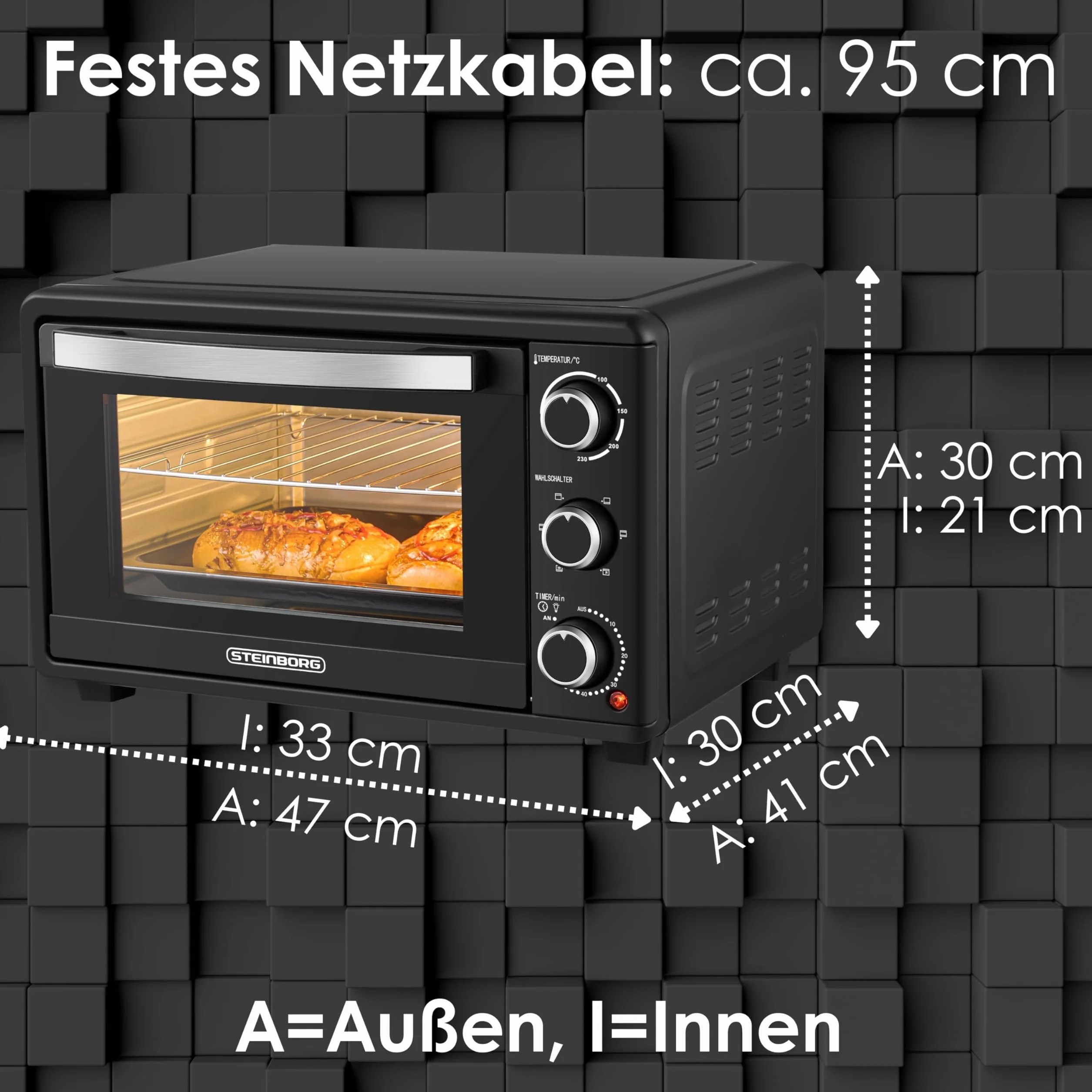 Steinborg Mini piekarnik z termoobiegiem, 25 litrów, elektryczny piec do pizzy, mini piekarnik 3 w 1, blacha na okruchy, ogrzewanie górne/dolne, energooszczędny 100-230°C, 60 min timer