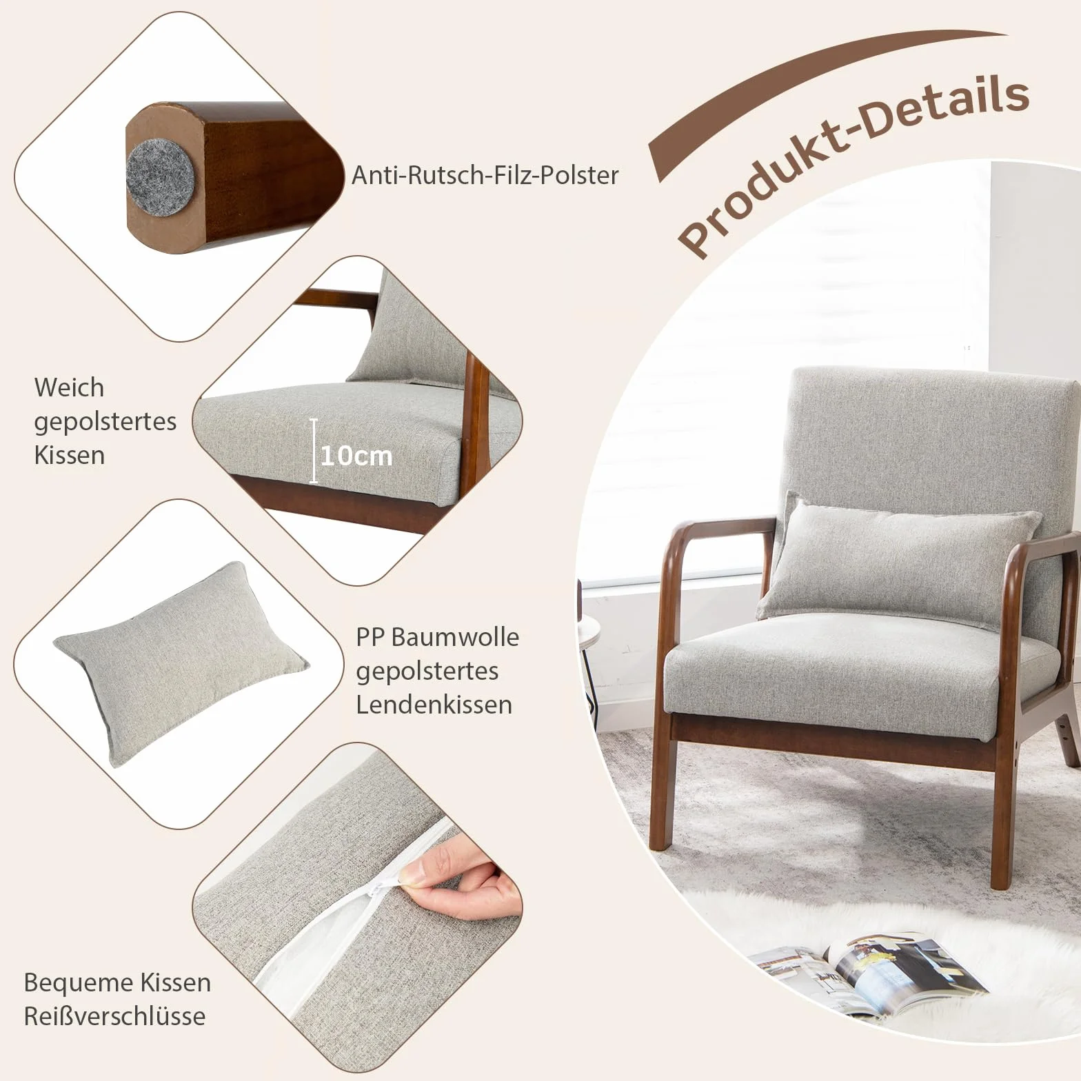 COSTWAY Fotel do salonu, tapicerowany, nowoczesne krzesło, drewno, z podłokietnikami, jednoosobowa sofa do salonu, sypialni, 65 x 79 x 77 cm, szary