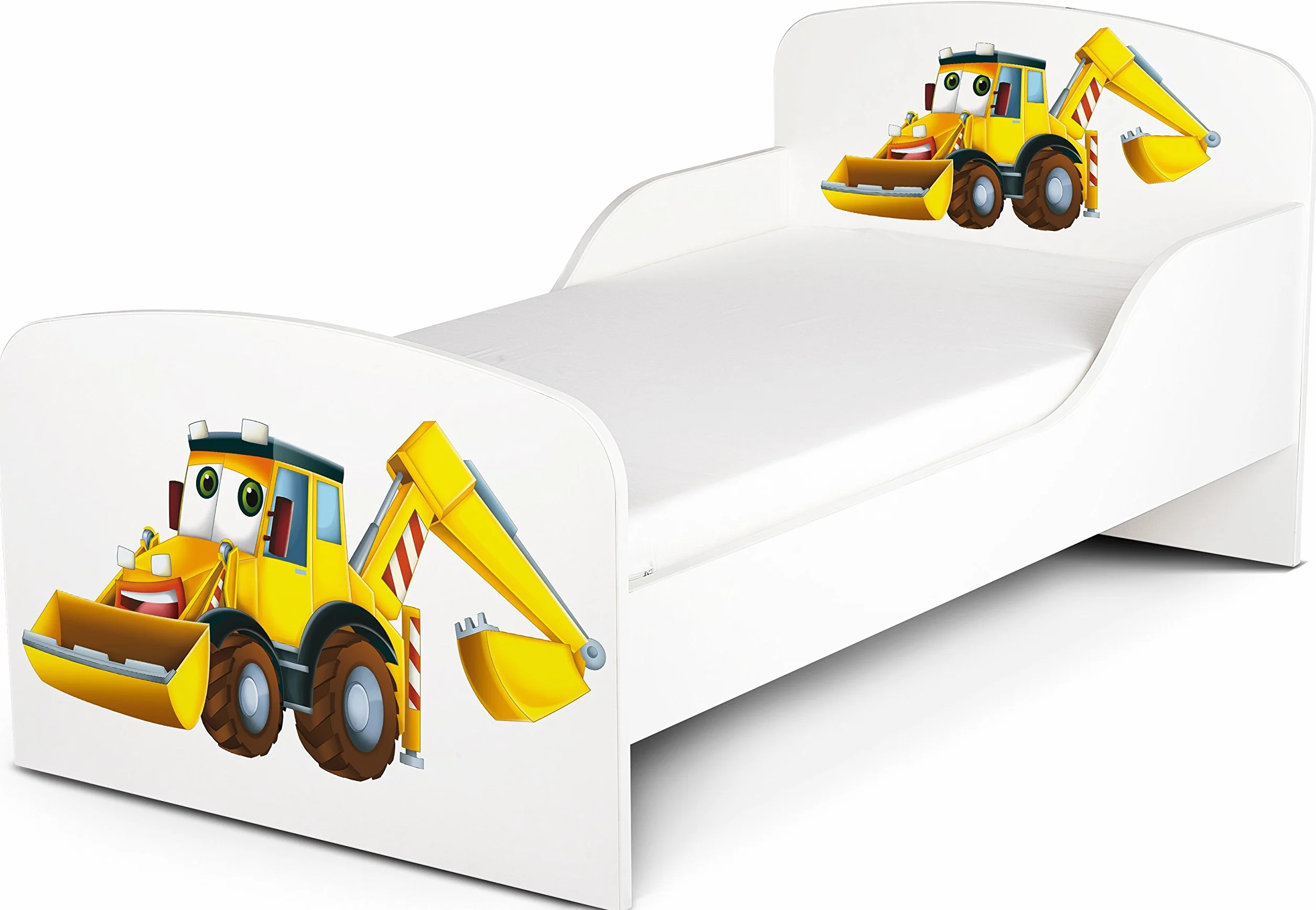 Łóżko 160 x 80 cm z Materacem Piankowym 10 cm i Stelażem Stabilne Białe Łóżko z MDF z Kolorowym Nadrukiem UV do Pokoju Sypialni 164 x 86 x 65,5 cm Koparka