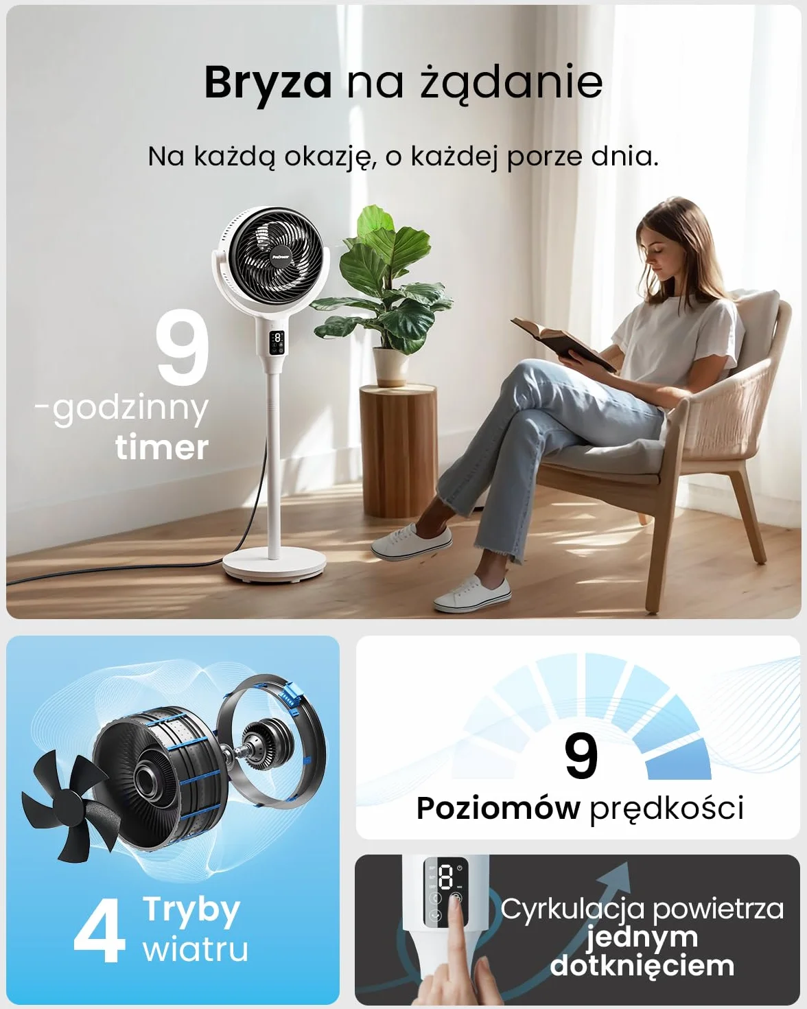 Wentylator kolumnowy Pro Breeze 109 cm – 29 dB Supercichy – Wyświetlacz LED, Pilot, 2 Tryby Chłodzenia, Ruch Pionowy i Poziomy – Energooszczędny – Dom i Biuro