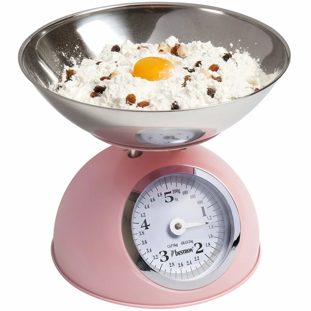 Bestron Analogowa waga kuchenna ze zdejmowaną miską do ważenia, styl retro, Sweet Dreams, nośność: 5 kg, różowa