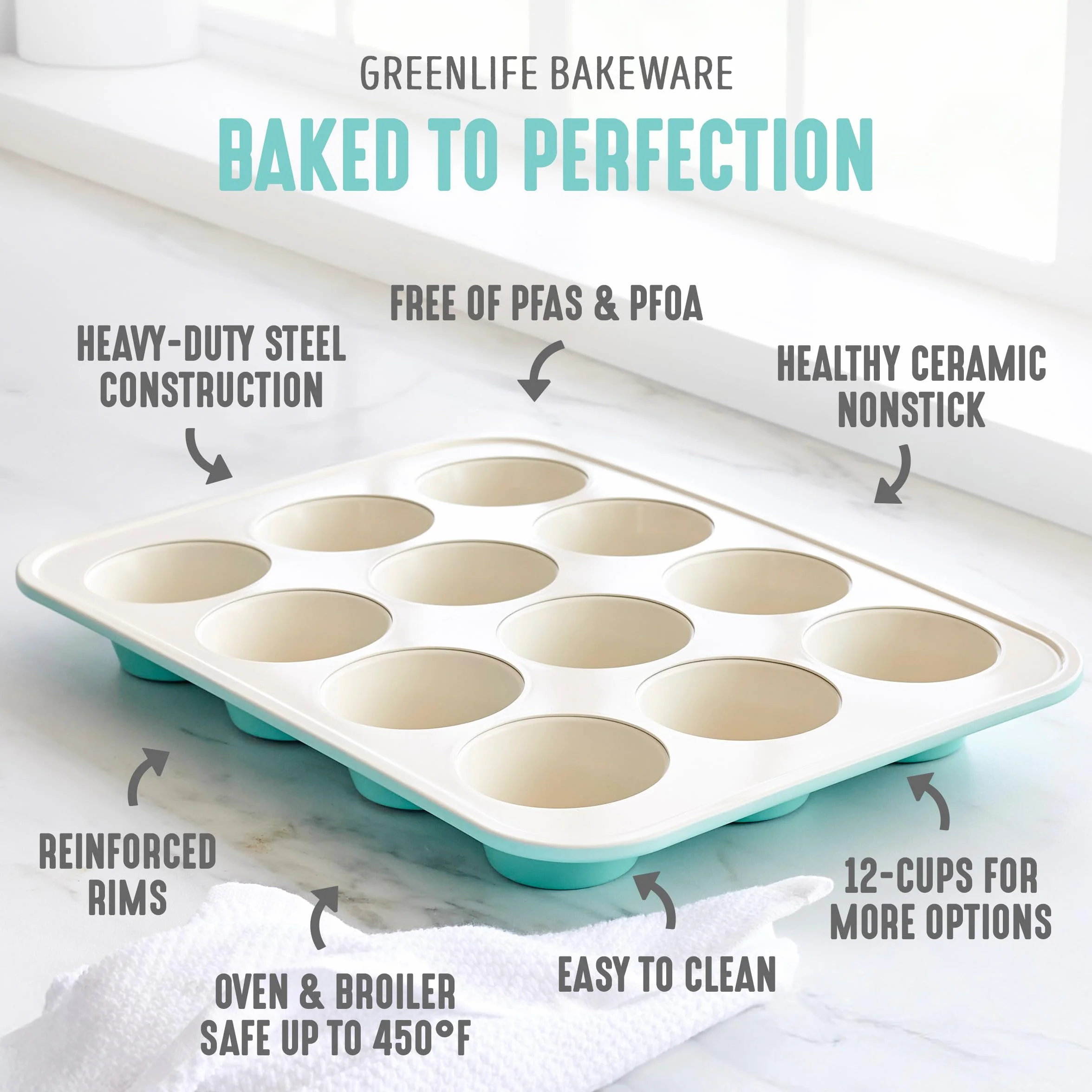 GreenLife Nieprzywierające Ceramiczna Muffin Taca, 12 szklanki, turkusowy