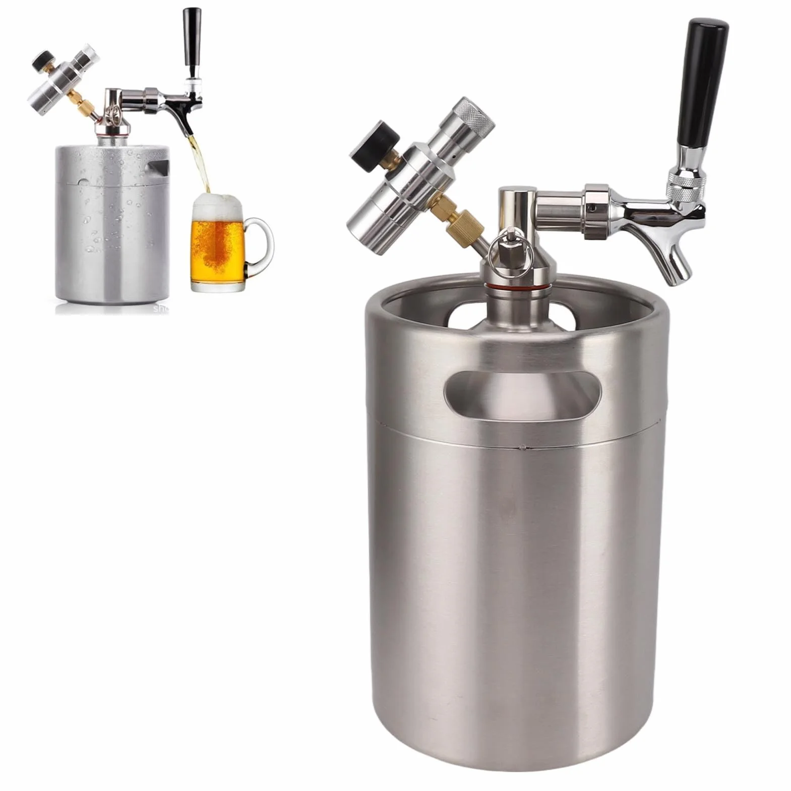 Mini beczka ze stali nierdzewnej 5L z kranem, ciśnieniowa mini beczka Growler Home Keg Kit System z regulowanym kranem Wskaźnik 150PSI do piwa domowego i piwa z beczki