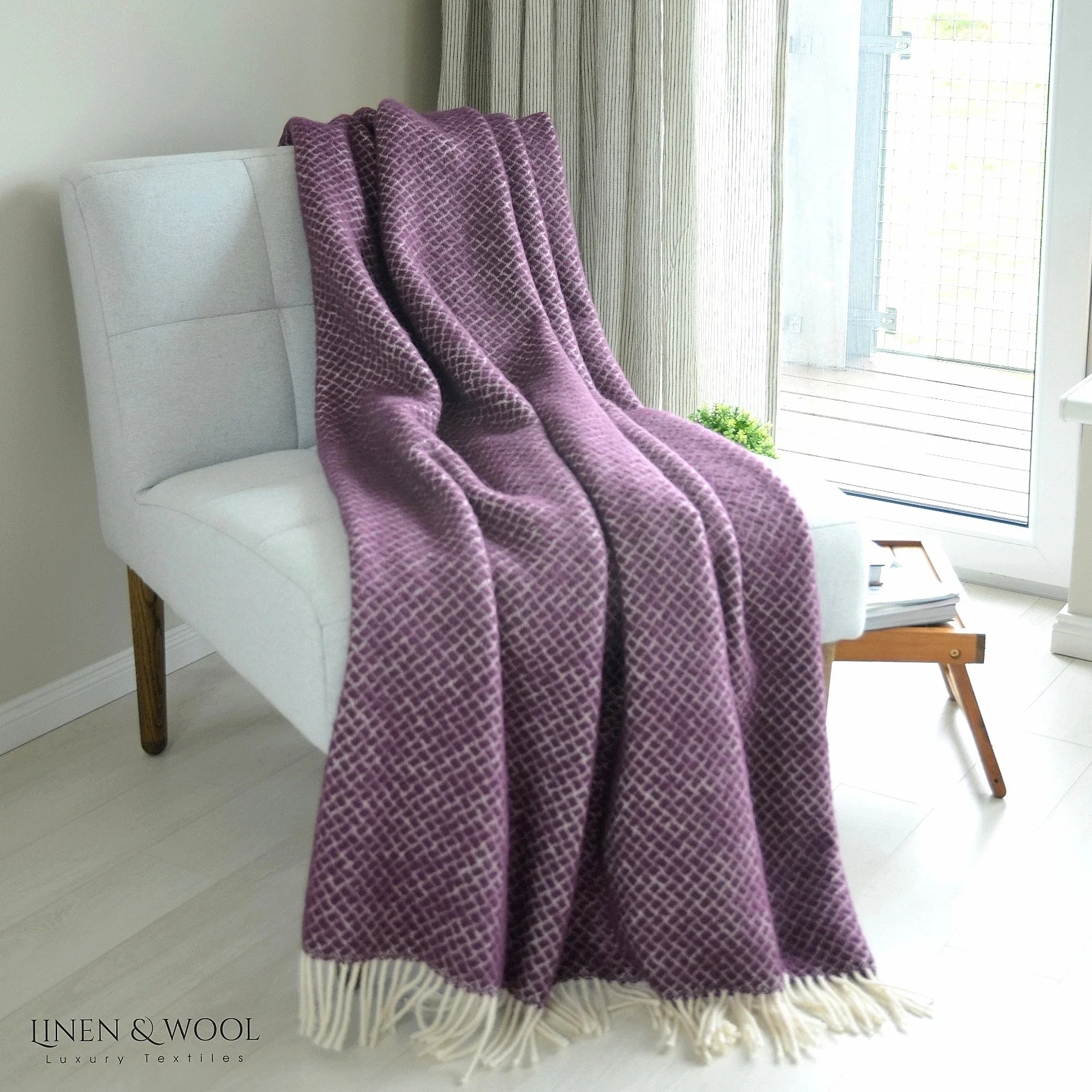 Linen & Cotton Wełniany Koc Sofia 100% Czysta Nowozelandzka Wełna Fioletowy 130x170cm Pled na Kolana