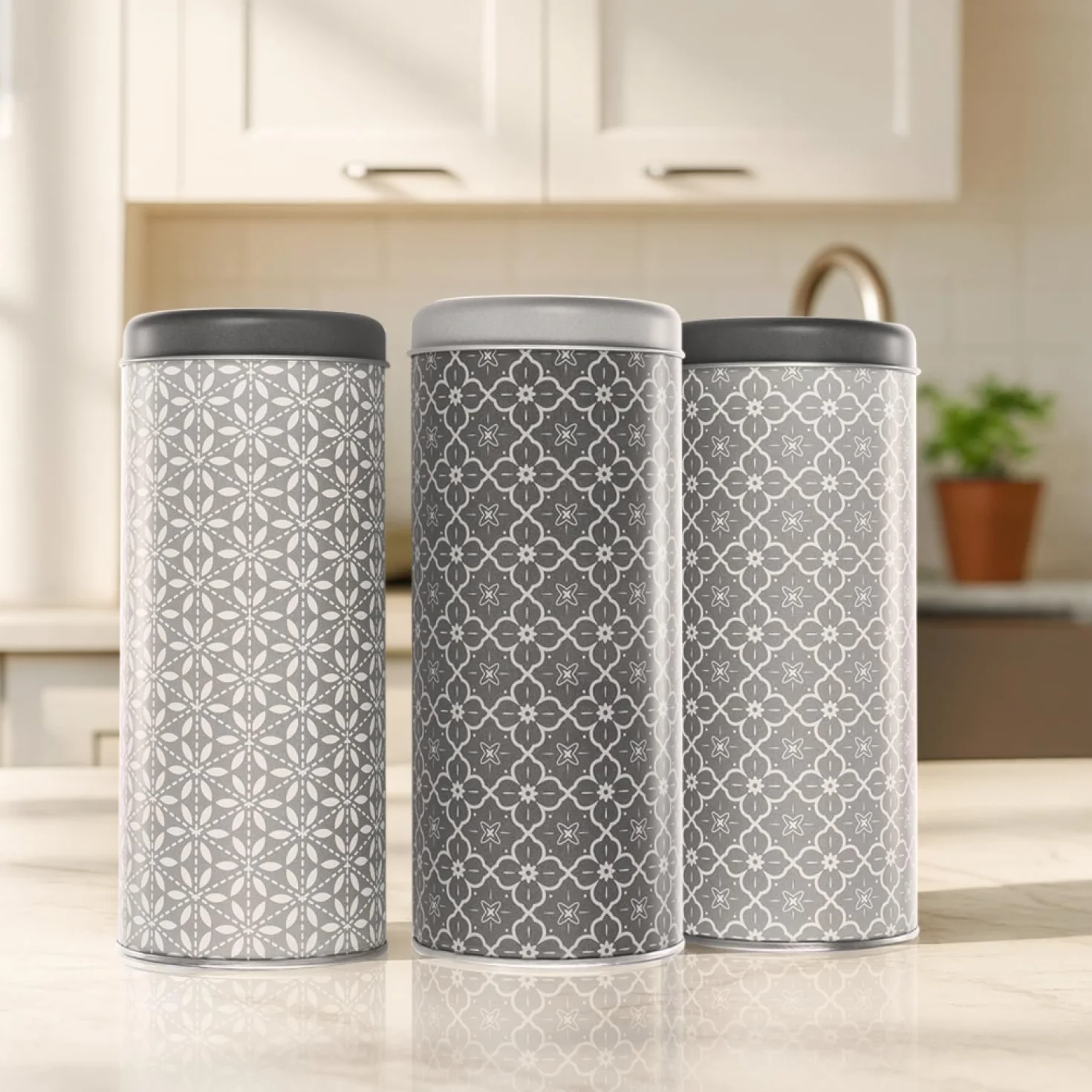 com-four® 3x Pojemnik na pady kawowe – Metalowe pudelko z pokrywka – Ozdobna puszka na kawe, herbate lub ciastka w stylu vintage (3 sztuki - Zestaw 4)
