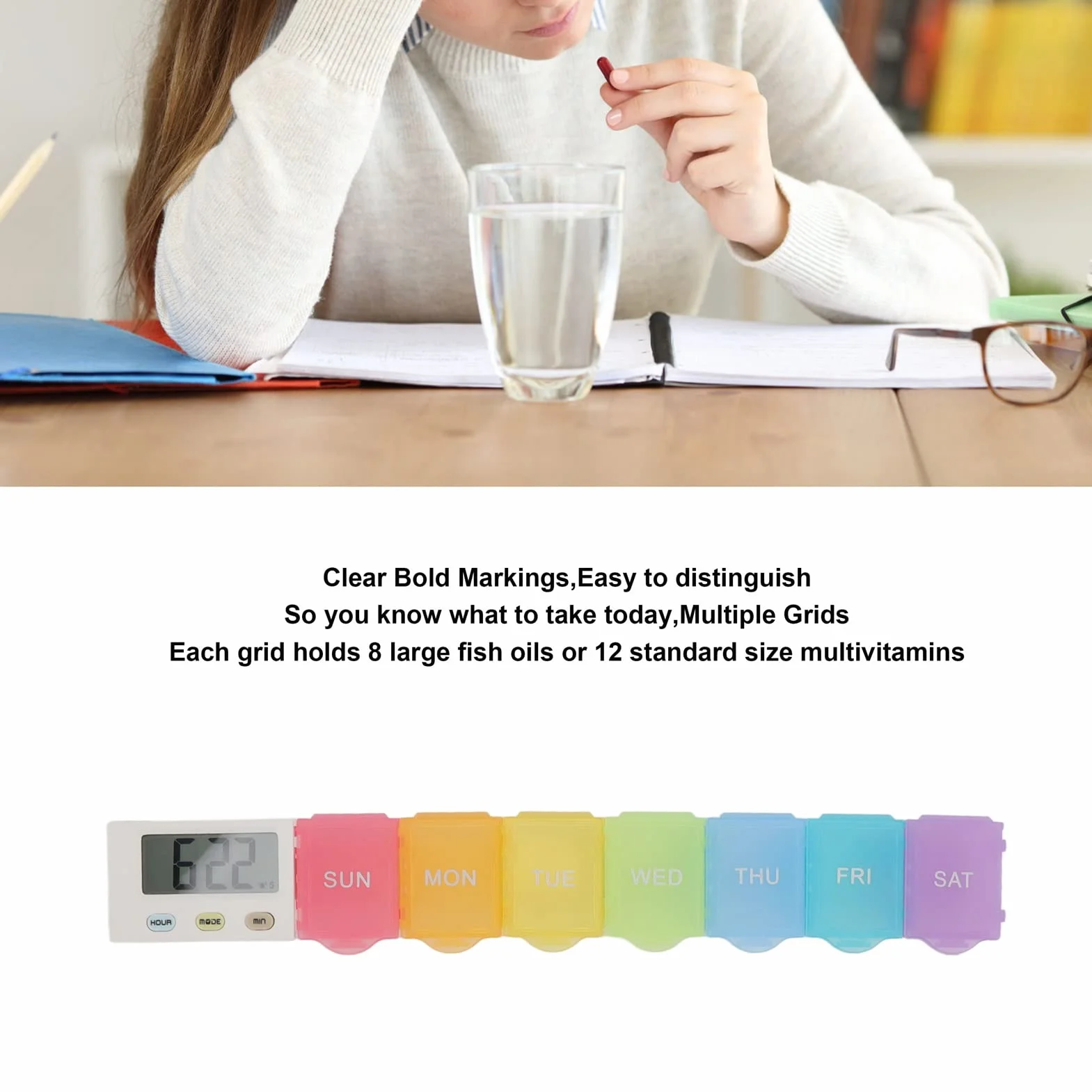 Elektroniczna Apteczka, Wyraźne Oznaczenie Bezpieczna Duża pojemność Przypomnienie o Alarmie Przenośny Schowek na Tablet z Tworzywa Sztucznego Klasy Spożywczej do Domu (7 siatek)