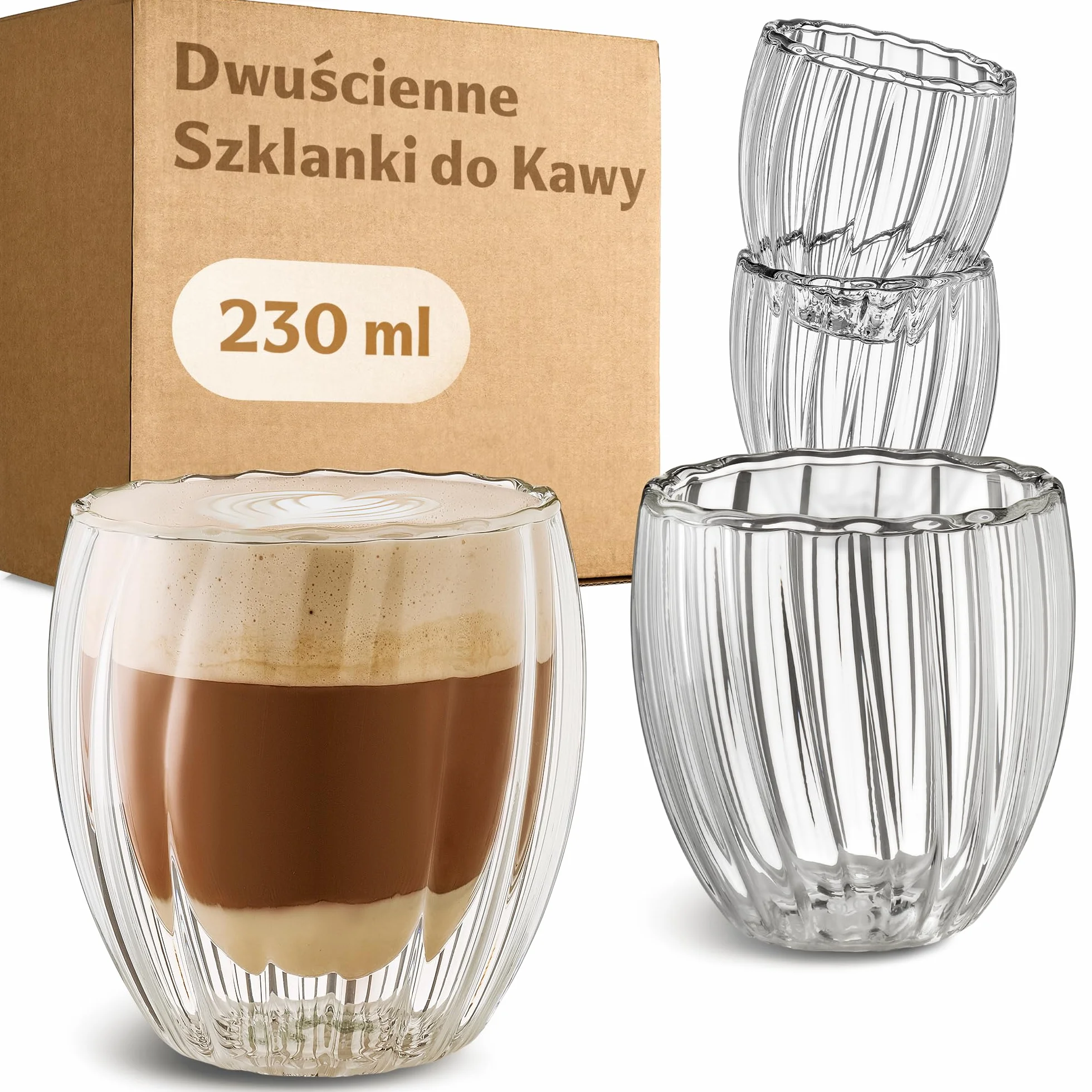 Cosumy Filiżanki do Cappuccino Szklane Dwuścienne 230ml - 4szt - Efekt pływający izolujący ciepło - Żłobkowana konstrukcja - Odporne na ciepło - Można myć w zmywarce (Cappuccino)