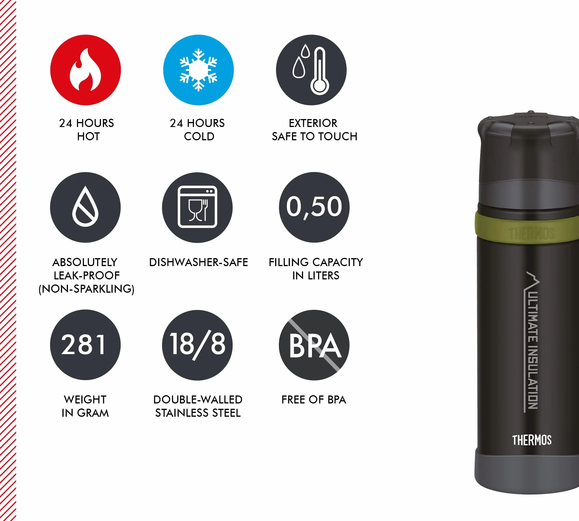 Thermos Mountain Beverage Bottle 0,50 l, czarna, termos ze stali nierdzewnej z kubkiem do picia, ciepła 24 h/zimna 24 h, lekka butelka outdoorowa, wytrzymała, rozkładane zamknięcie, nie zawiera BPA
