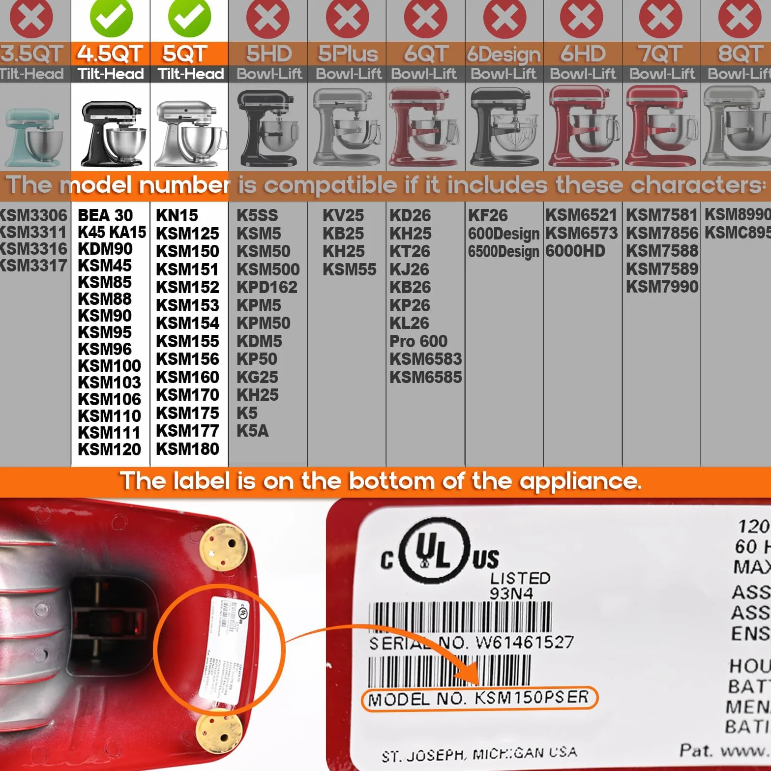 Zestaw misek blendera ze stali nierdzewnej 5 czwartych kompatybilny z mikserami stojącymi z głowicą uchylną Kitchen Aid 4,5 do 5 czwartych (5-czwarta miska+biała pokrywa)