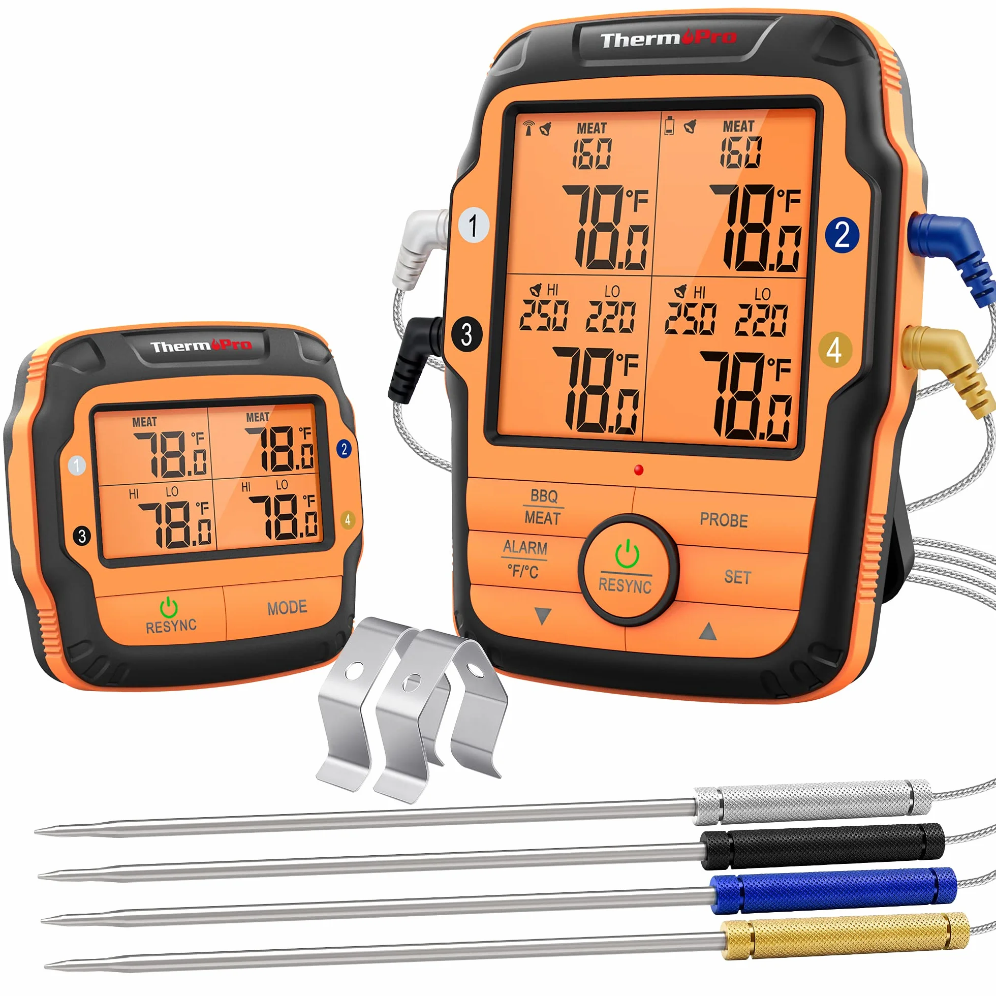 ThermoPro TP27C radiowy termometr do grilla z 4 sondami, 150 m, termometr do mięsa i smażenia, wodoszczelny IPX4, duży kuchenny z wyświetlaczem LCD do BBQ i grilla gazowego