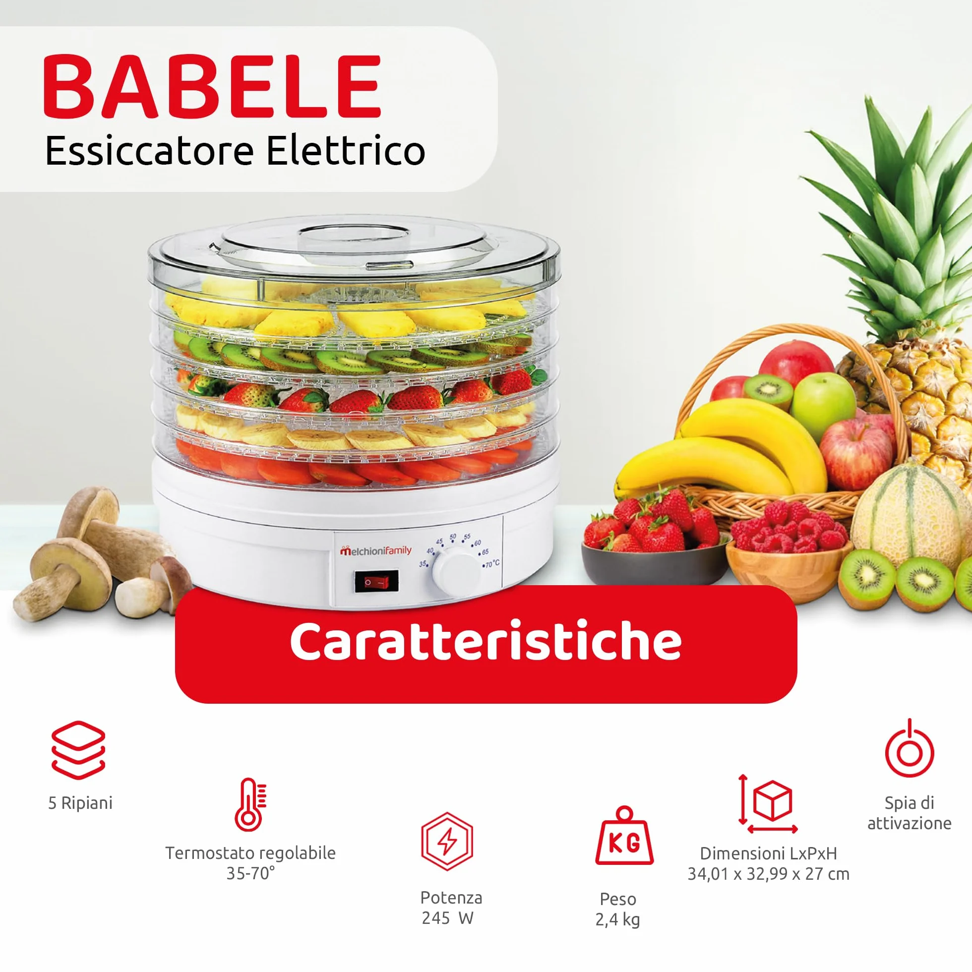 Melchioni family 4823800 Babele MELCHIONI suszarka elektryczna, 5 półek, 250 W, do urządzeń gospodarstwa domowego, plastik, biała
