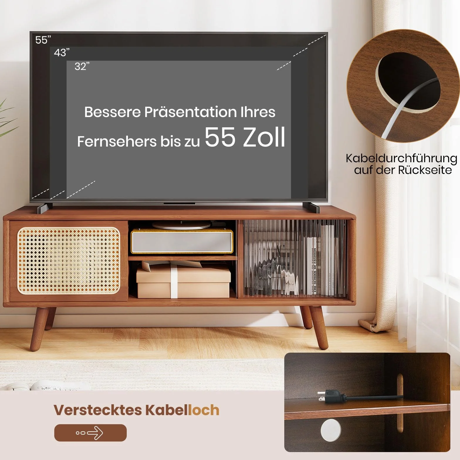COSTWAY Bambusowa szafka pod telewizor z przesuwanymi drzwiami rattanowymi i szklanymi, stolik pod telewizor z regulowaną półką, szafka pod telewizor do 55 cali, 120,5 x 31 x 45,5 cm (brązowa)