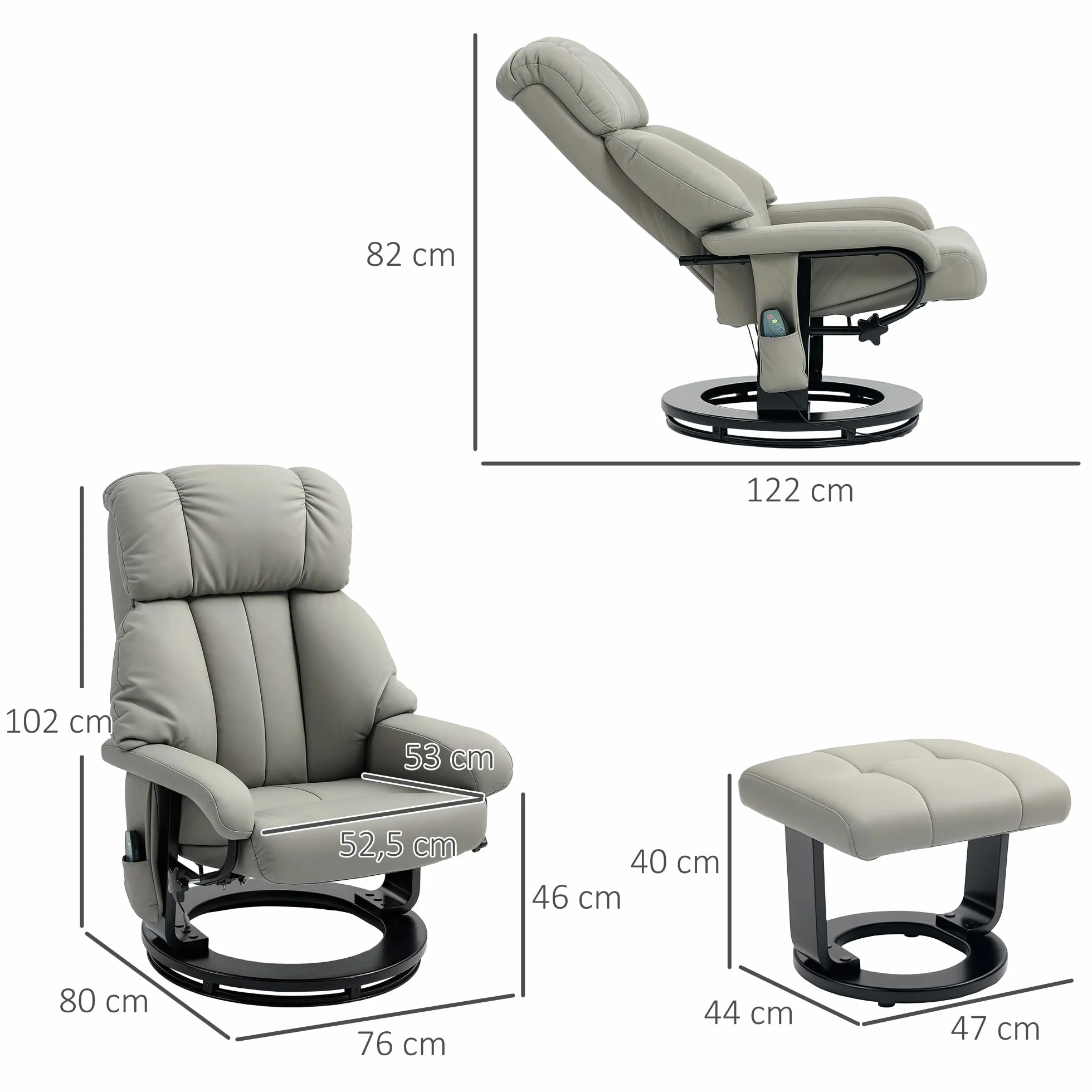 HOMCOM fotel relaksacyjny z stolikiem, obrotowy fotel telewizyjny z funkcją masażu, funkcją leżenia, fotel do masażu z pilotem, boczną kieszenią, fotel wypoczynkowy ze sztucznej skóry do salonu, kolor