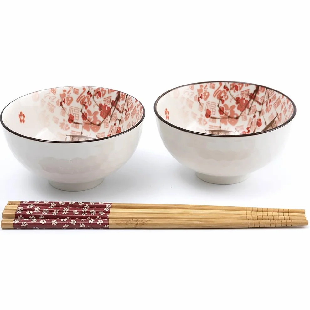 lachineuse - Zestaw 2 japońskich misek z kwiatami wiśni 11 cm - Miski do ryżu, miska na śniadanie i zupę - 2 pary pałeczek - Miska azjatycka Japonia Azja - Japońska zastawa stołowa prezent