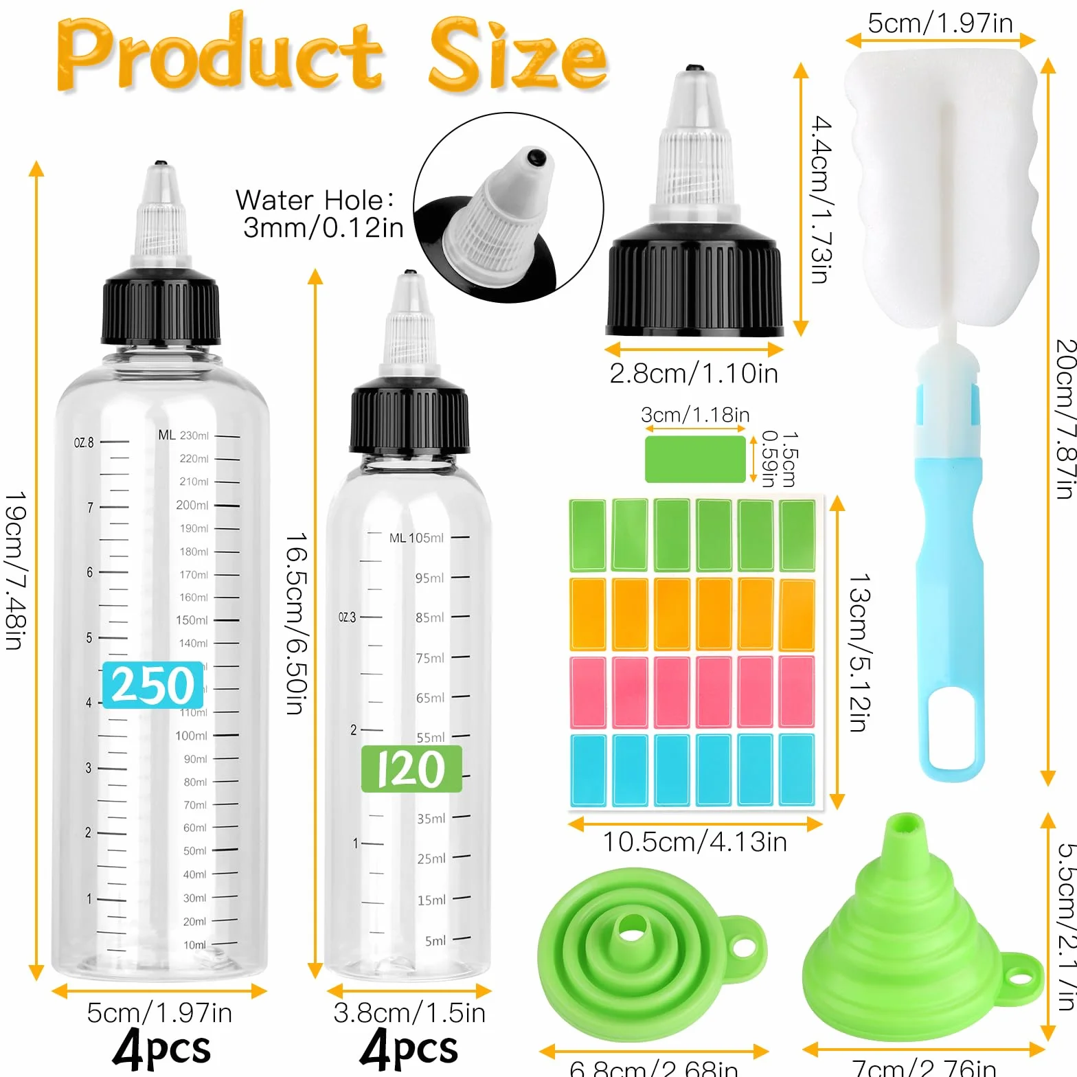 Butelka do wyciskania, 8 plastikowych butelek do wyciskania, 120 ml/250 ml, butelka dozująca z końcówką i skalą, butelka na sos z lejkami, do malowania, pieczenia, keczupu