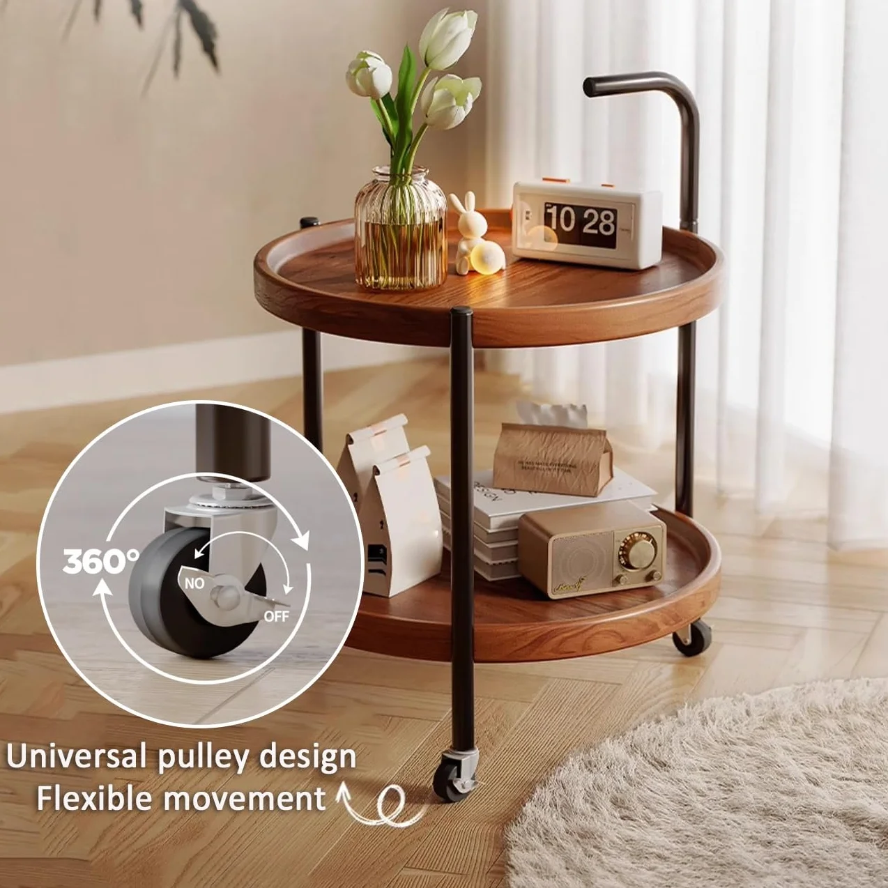 Okrągły stolik kawowy z kółkami – 2-poziomowy wózek do salonu i kuchni – wszechstronna brązowa sofa / stolik nocny (60 cm) – nowoczesne meble domowe